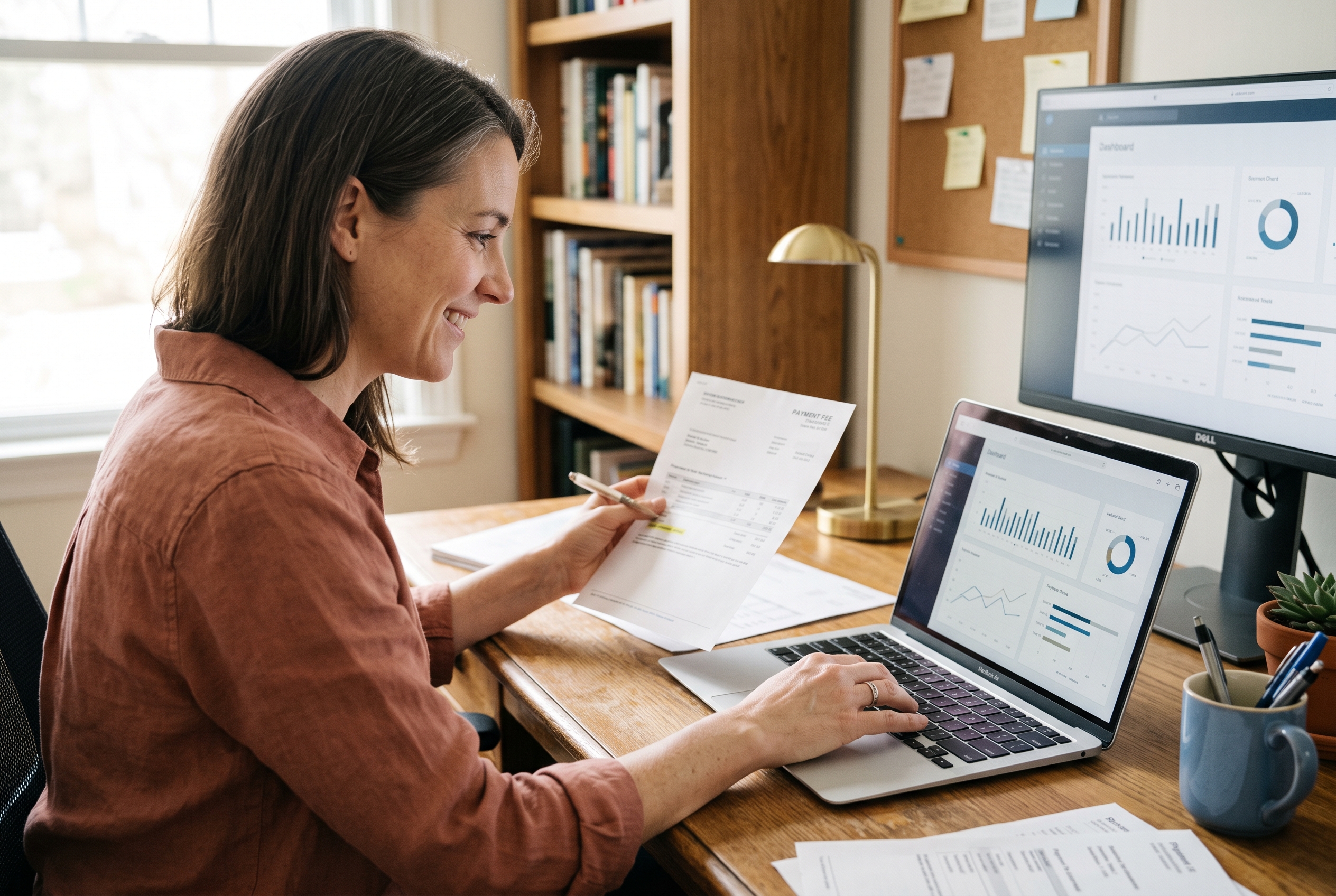 Small business owner comparing payment fee statements printed on paper beside a laptop in a bright home office