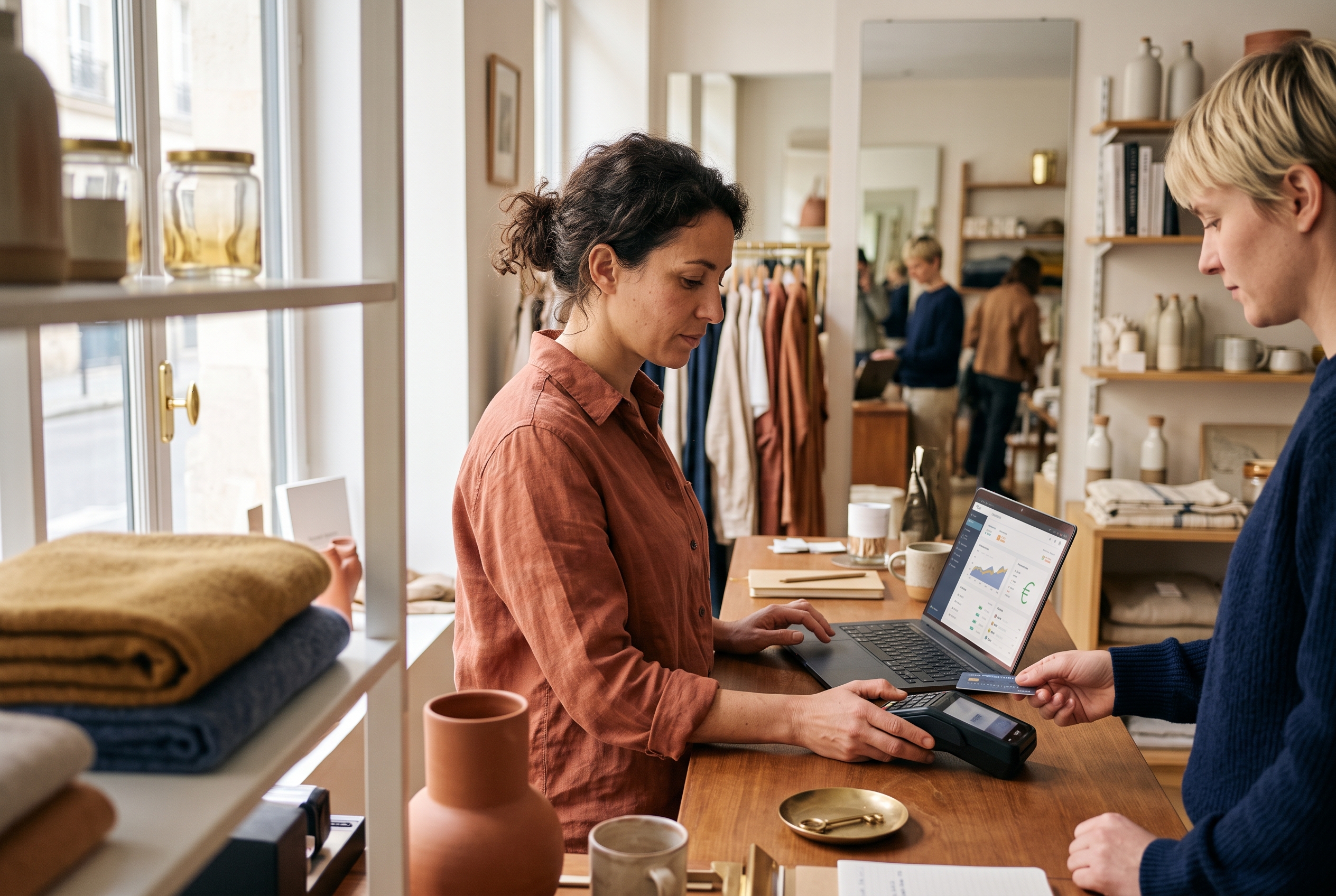 Boutique owner in a European city shop scanning a customer's card payment next to a laptop showing euro prices