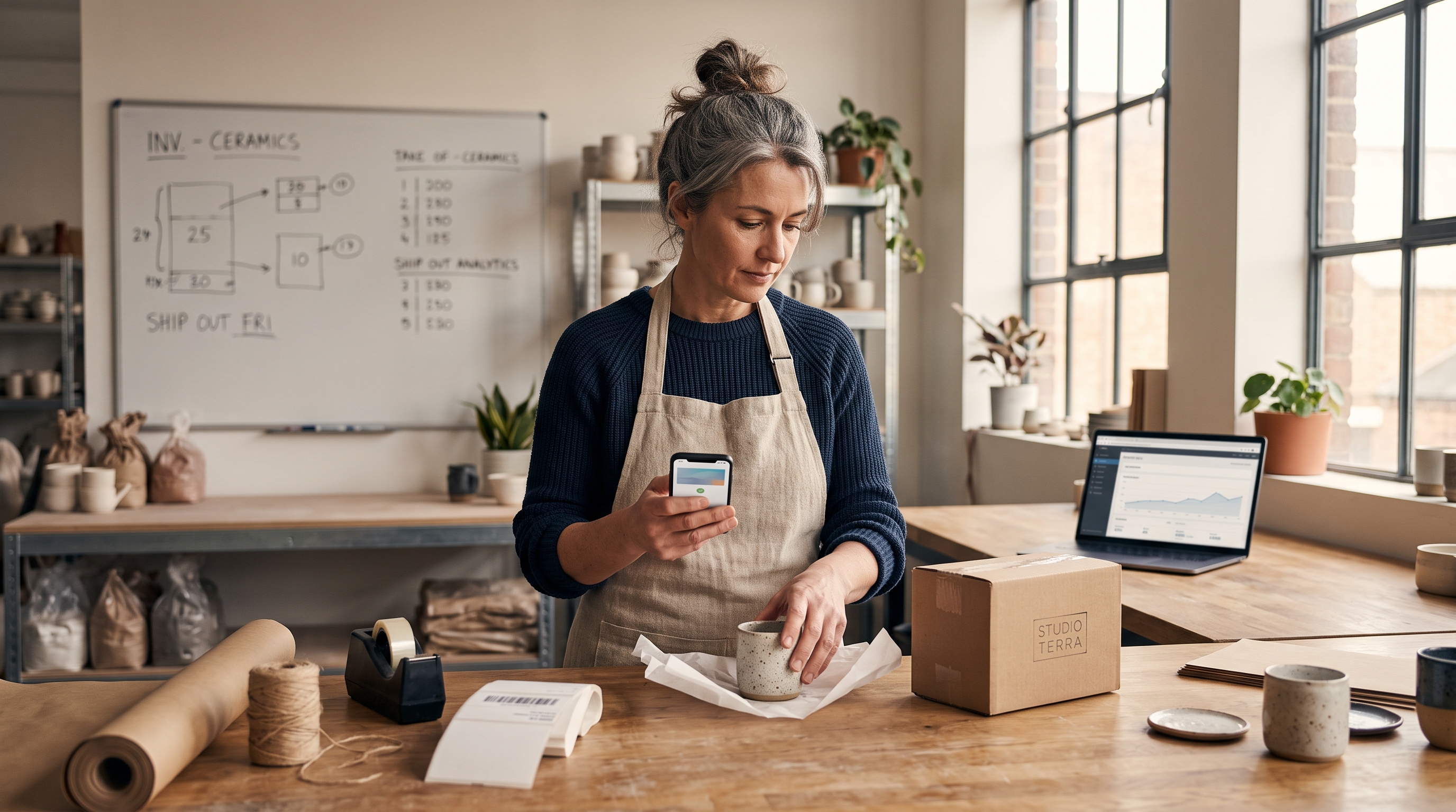 Small business owner packing a customer order at a wooden table while checking a payment notification on her phone