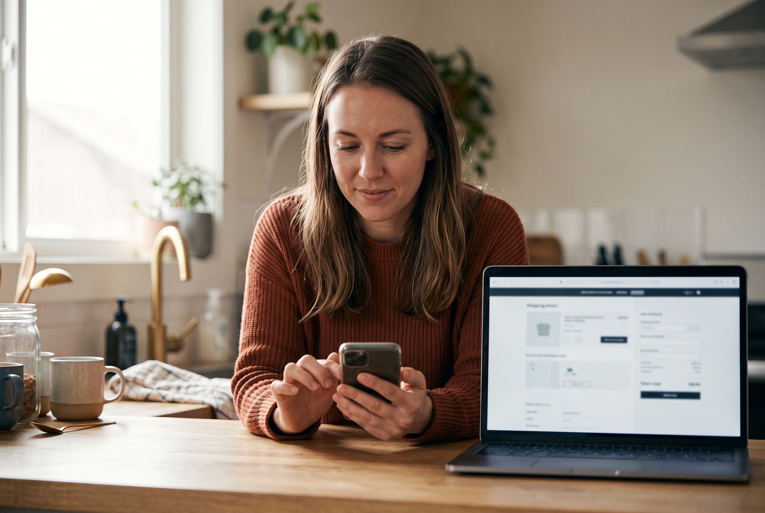 Shopper paying on a smartphone at a kitchen counter with a laptop showing an online store checkout beside her
