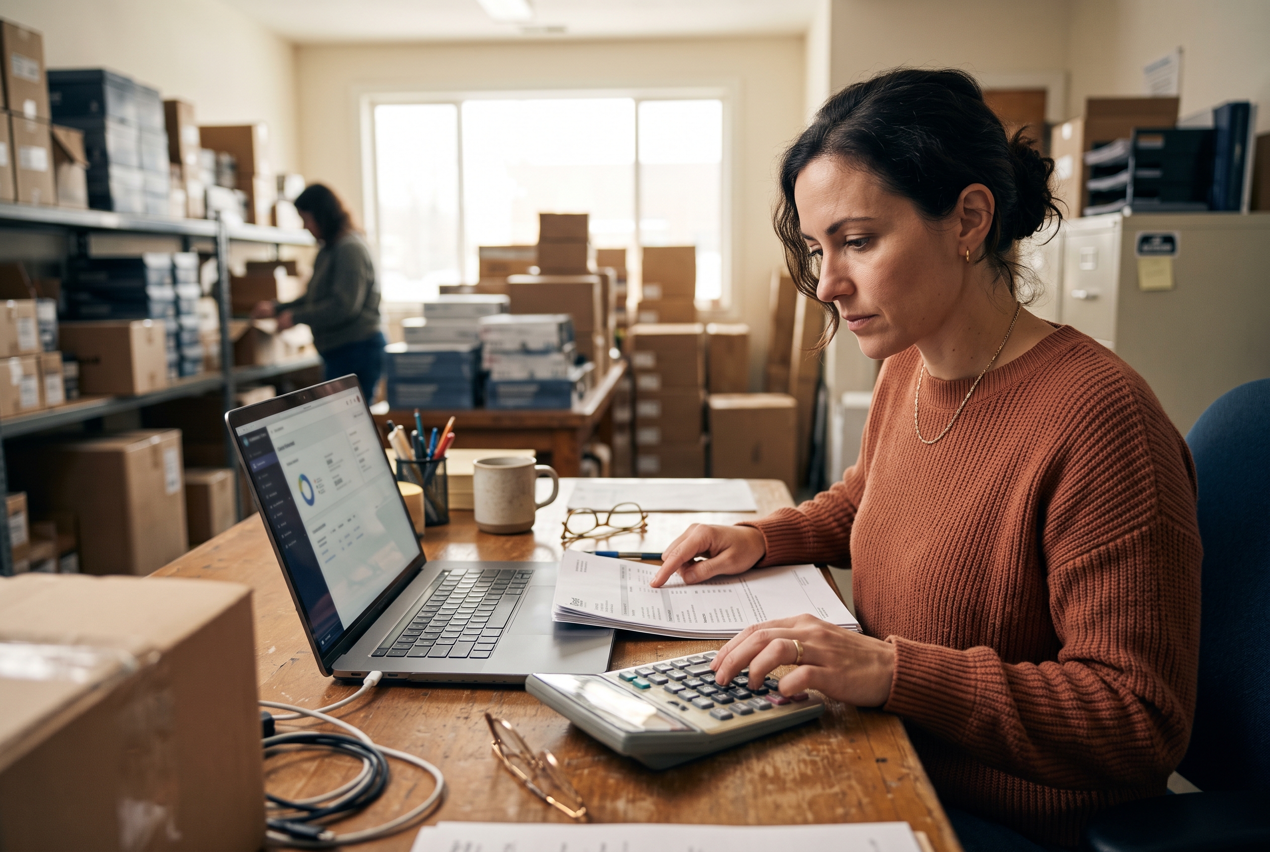 Store owner at a desk comparing printed fee statements and a calculator with a laptop open beside them