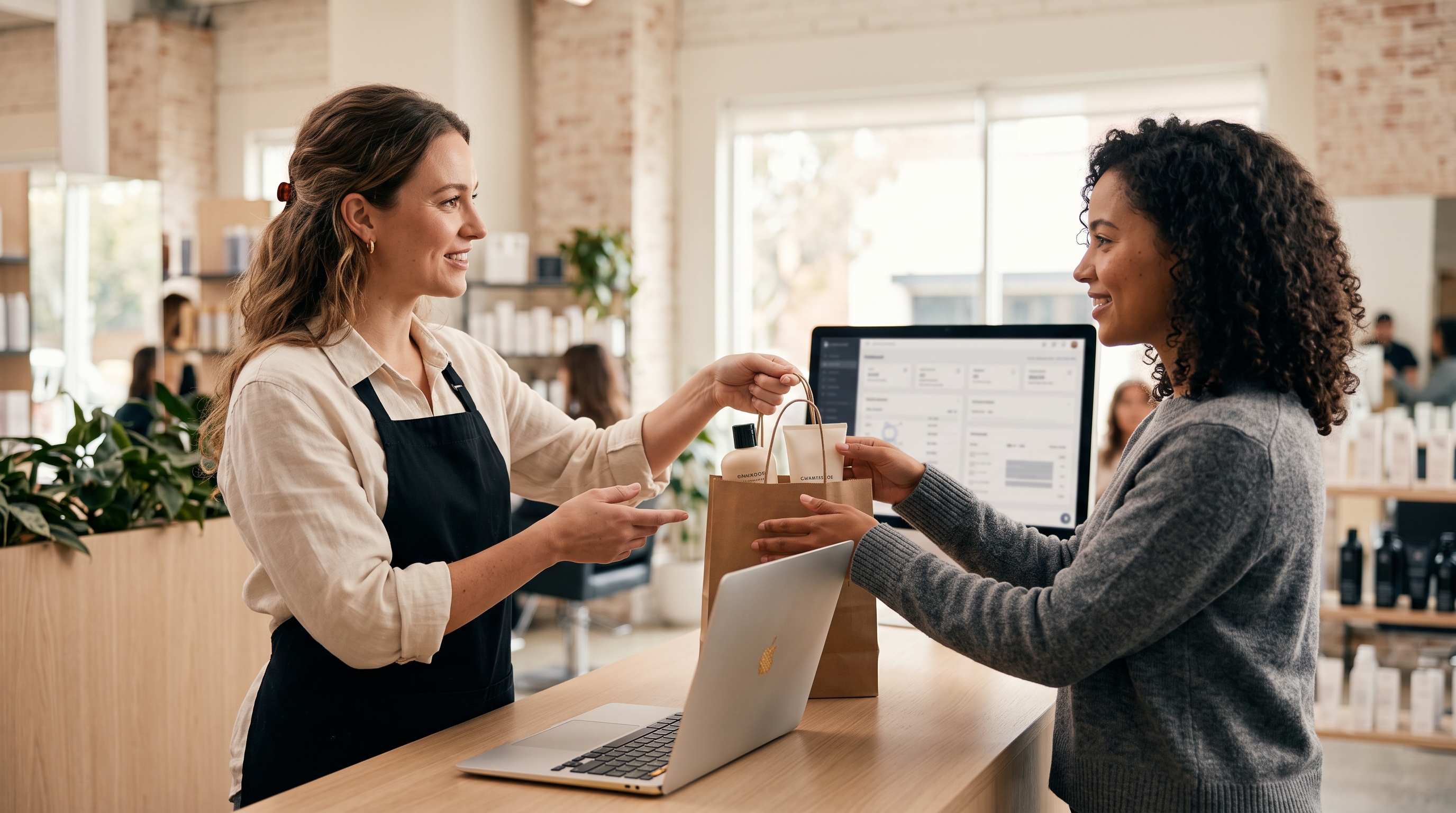 Hair stylist handing a client a bag of shampoo and conditioner at a bright salon reception desk