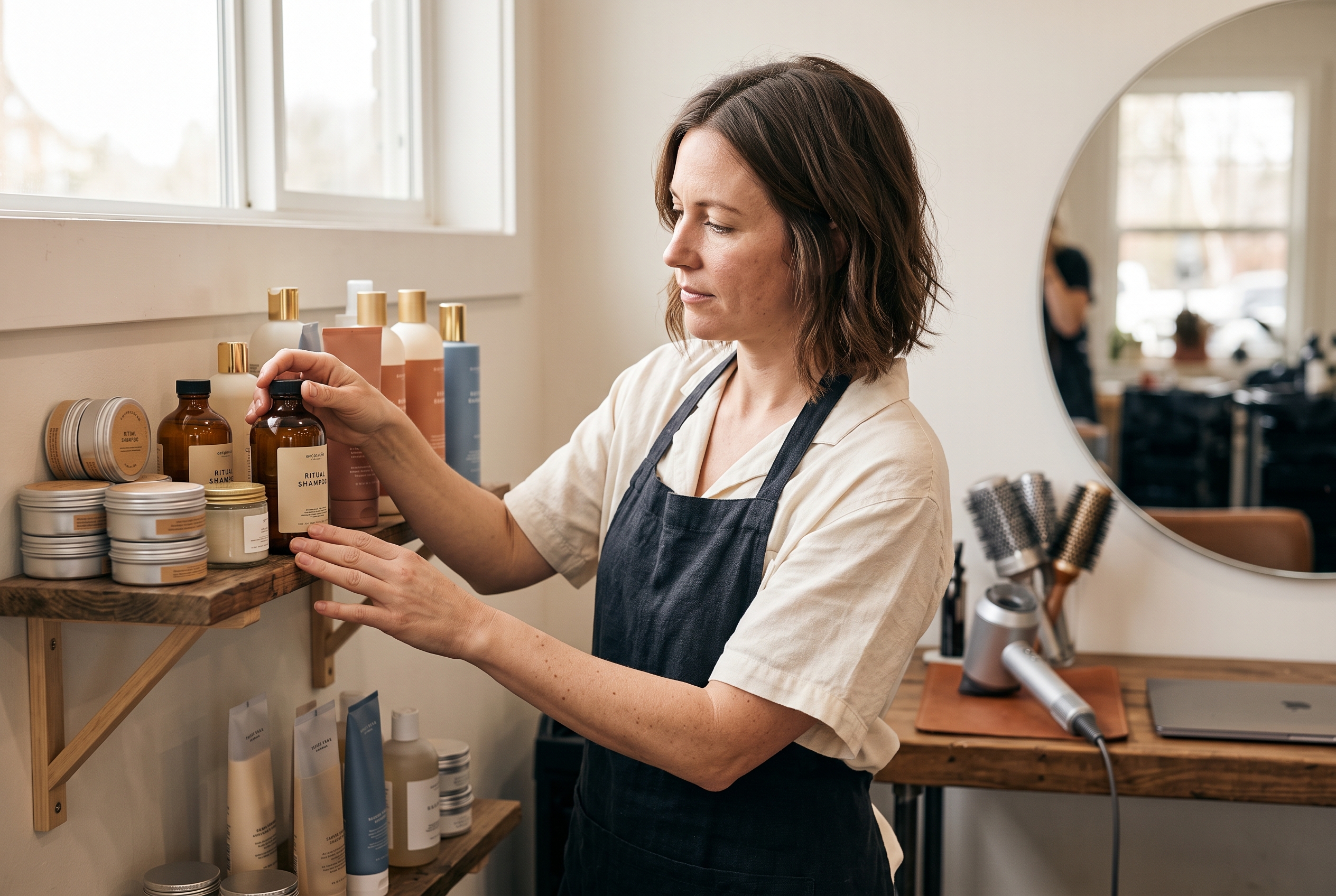 Salon owner arranging professional shampoo and styling bottles on a wooden shelf beside a styling station