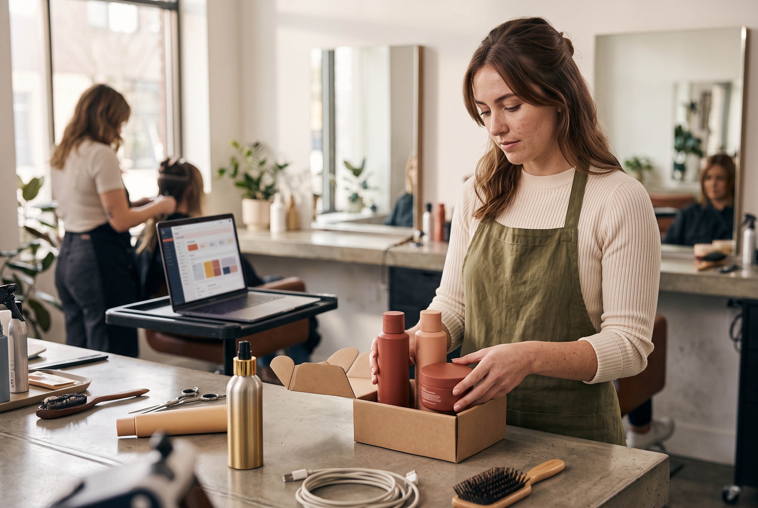 Stylist packing a color-care shampoo, conditioner and mask set into a small box on a salon counter
