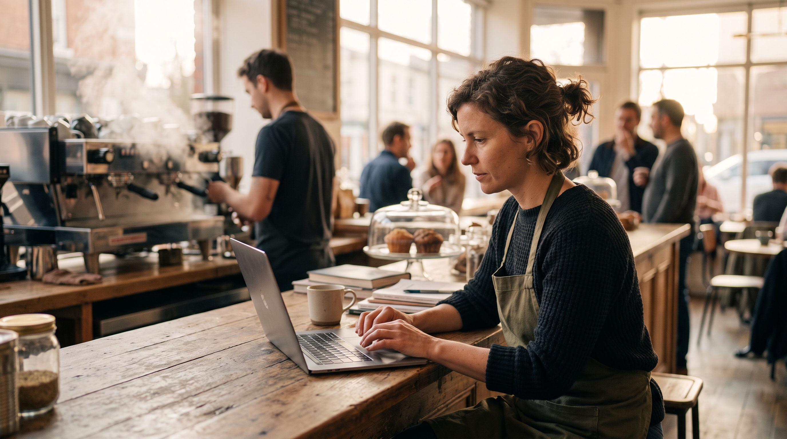 Restaurant owner updating the daily menu on a laptop at a wooden counter with a coffee machine steaming behind her