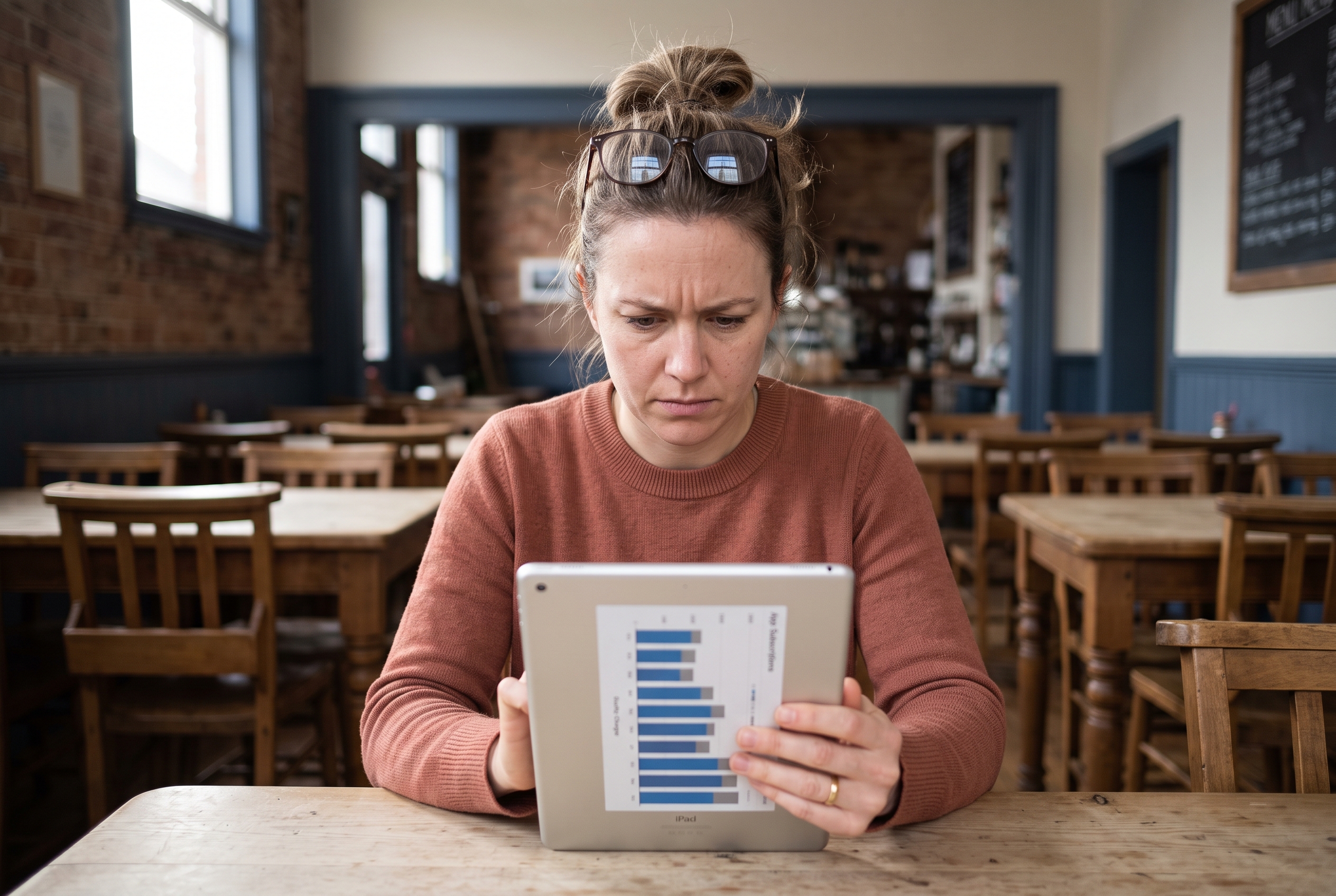 Cafe manager frowning at a tablet showing a stack of app subscription charges while sitting in an empty dining room before opening