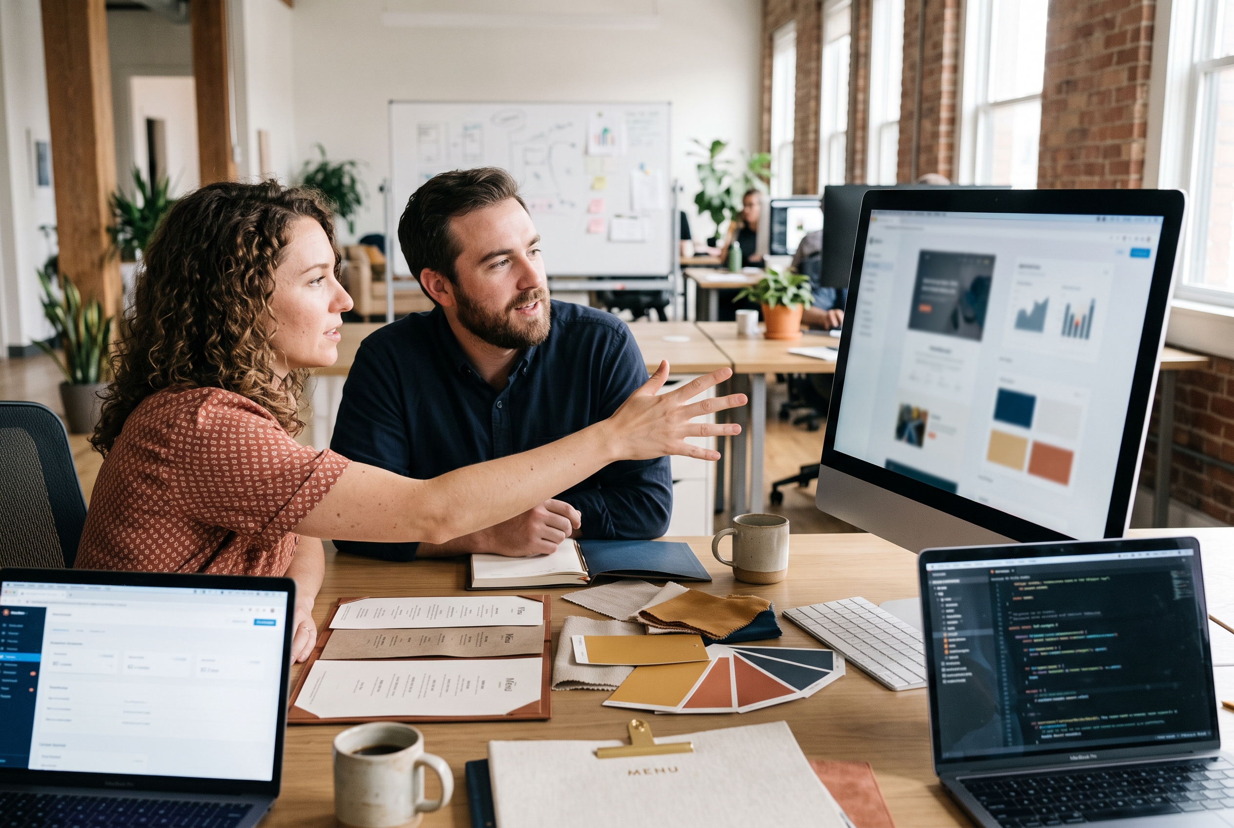 Two restaurant partners comparing website designs side by side on a large monitor in a bright office with menus and swatches on the desk