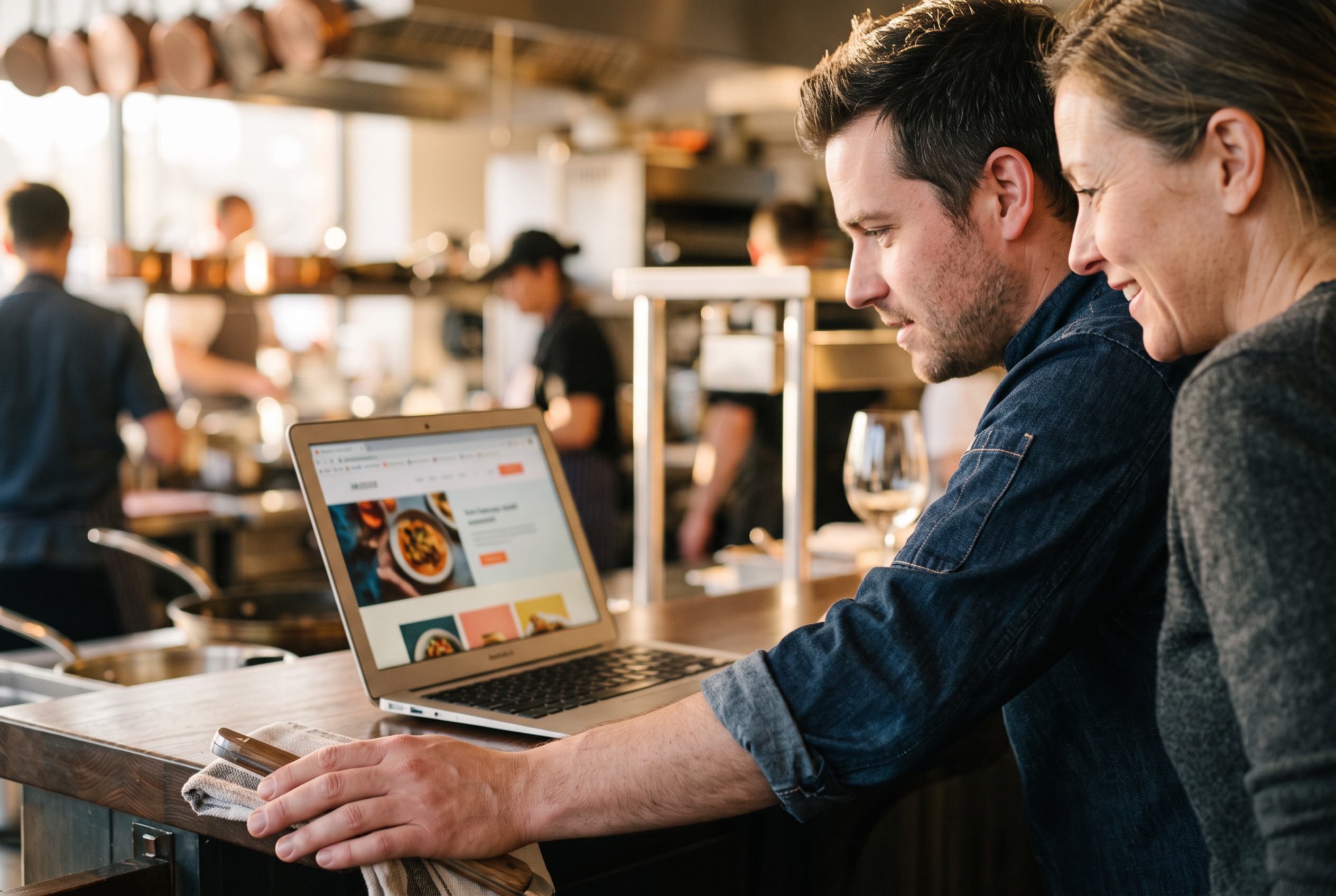 Chef and owner watching a laptop screen together as a new restaurant website loads, standing in a busy open kitchen at golden hour