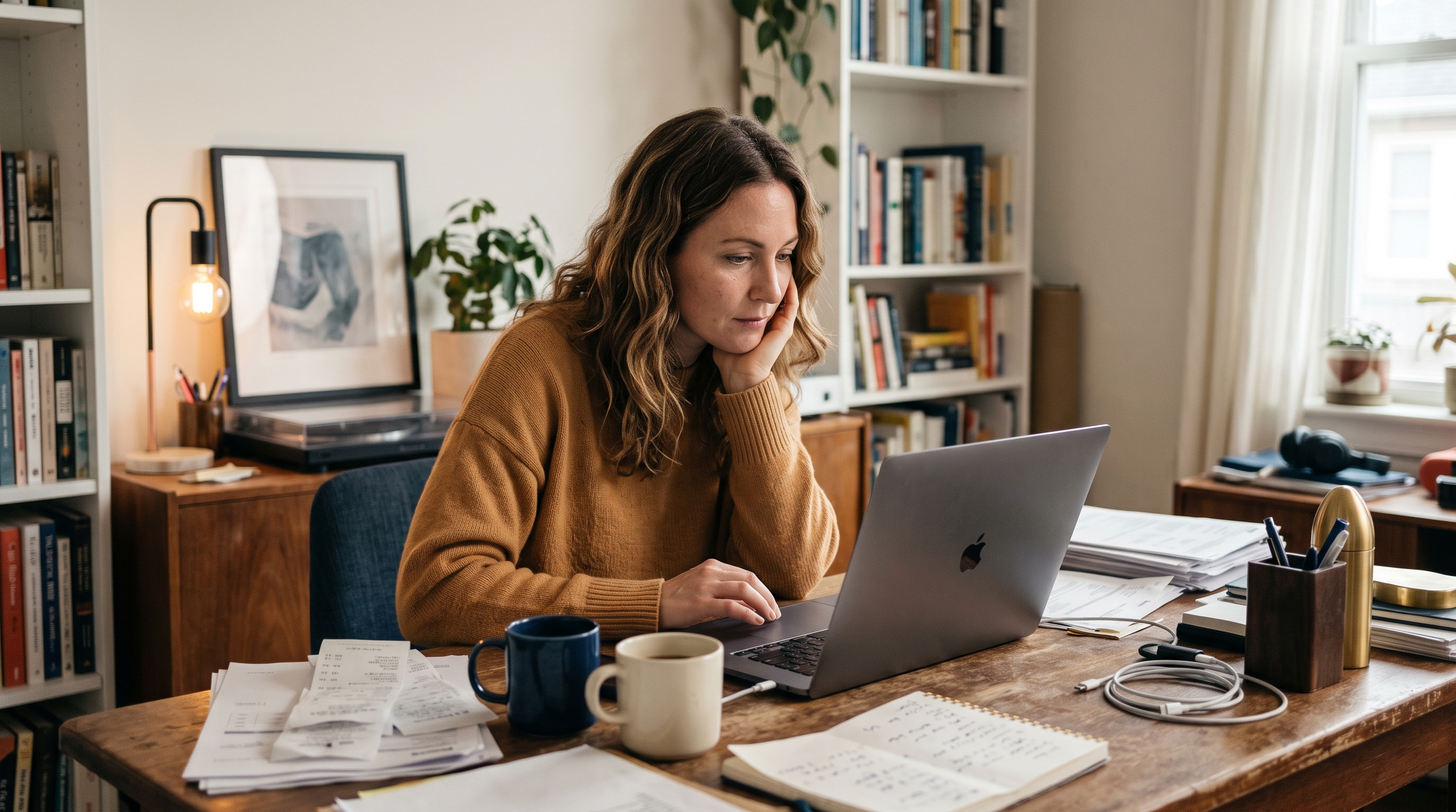 Small business owner reviewing her monthly software invoices on a laptop at a cluttered home office desk with coffee