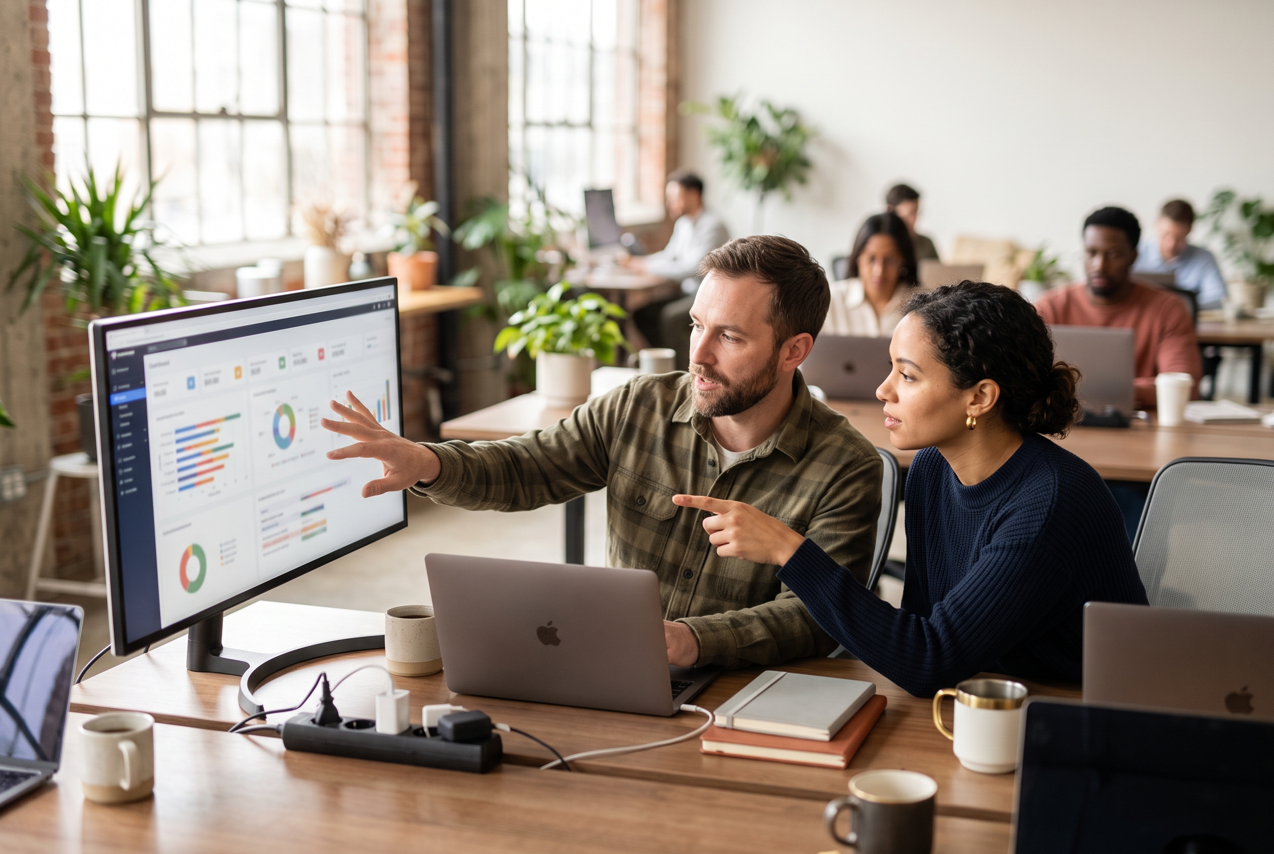 Two founders comparing platform dashboards side by side on a wide monitor in a bright modern coworking space
