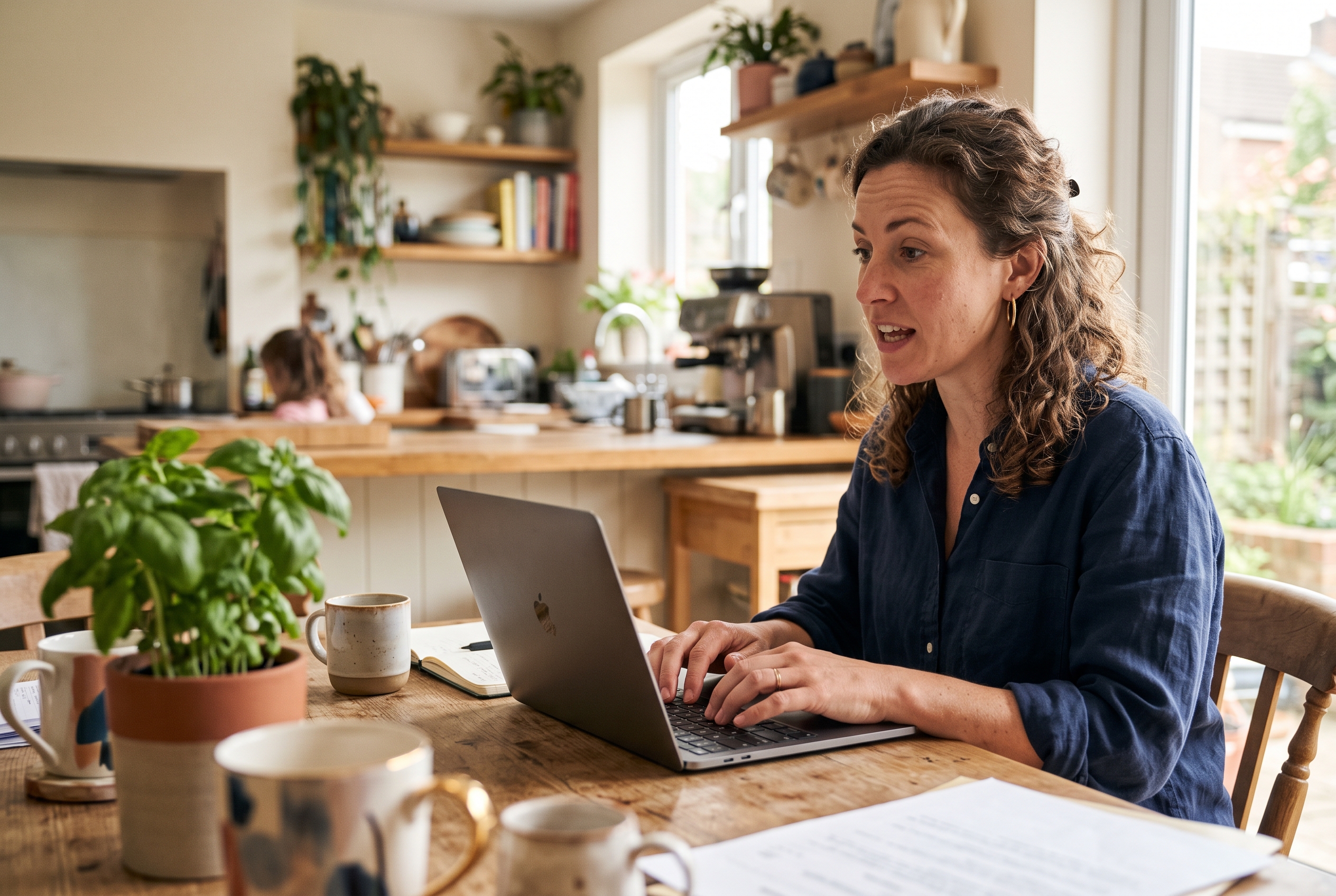 Merchant describing her business out loud while typing into a chat window on a laptop at a sunlit kitchen table