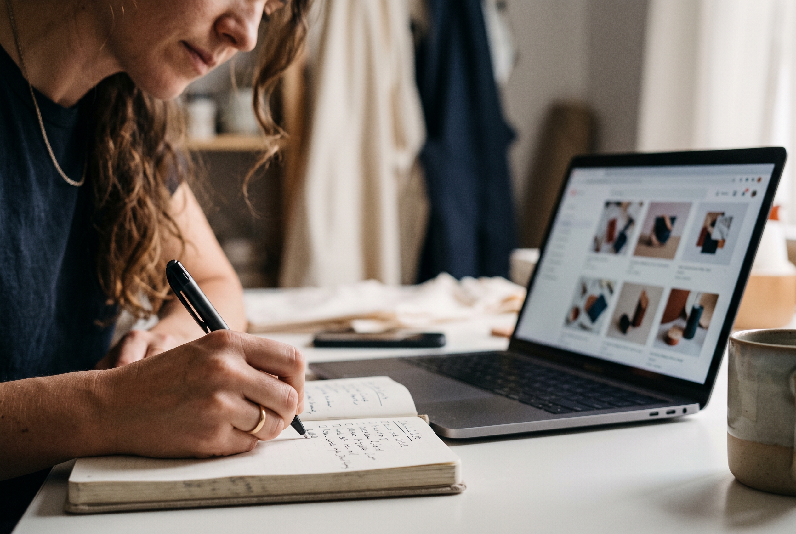 Founder writing a checklist in a notebook next to an open laptop showing product photos in a small studio