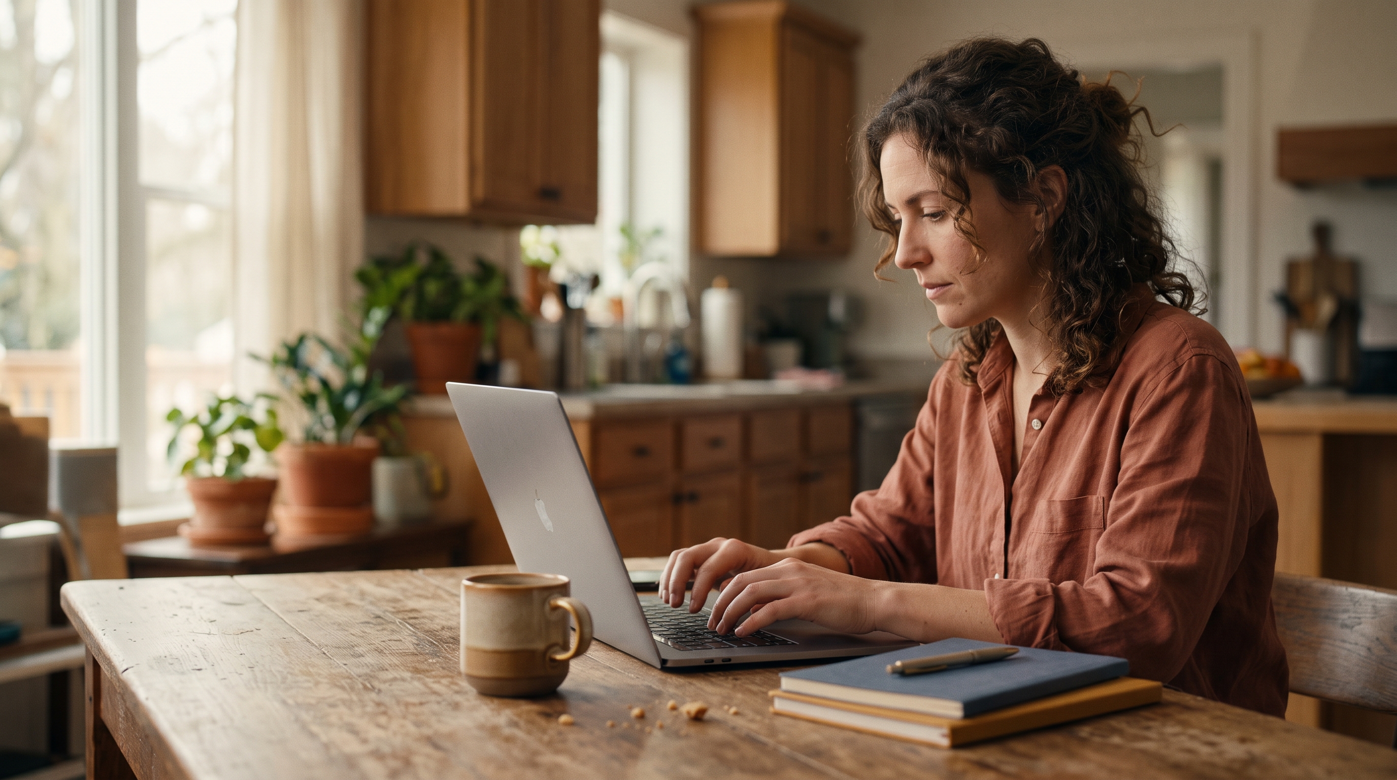 Founder typing a product description into a laptop at a kitchen table with coffee and notebooks beside her