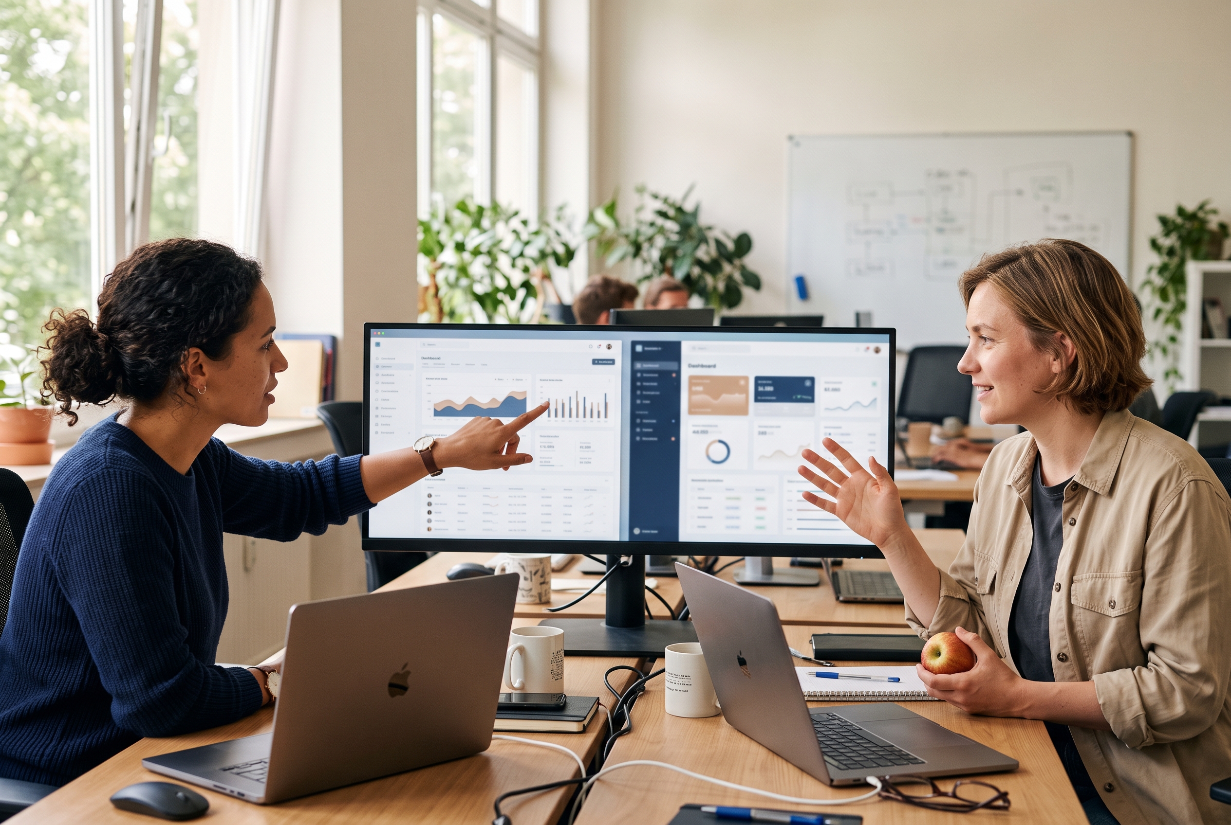 Two developers comparing app builder dashboards side by side on a wide monitor in a bright office