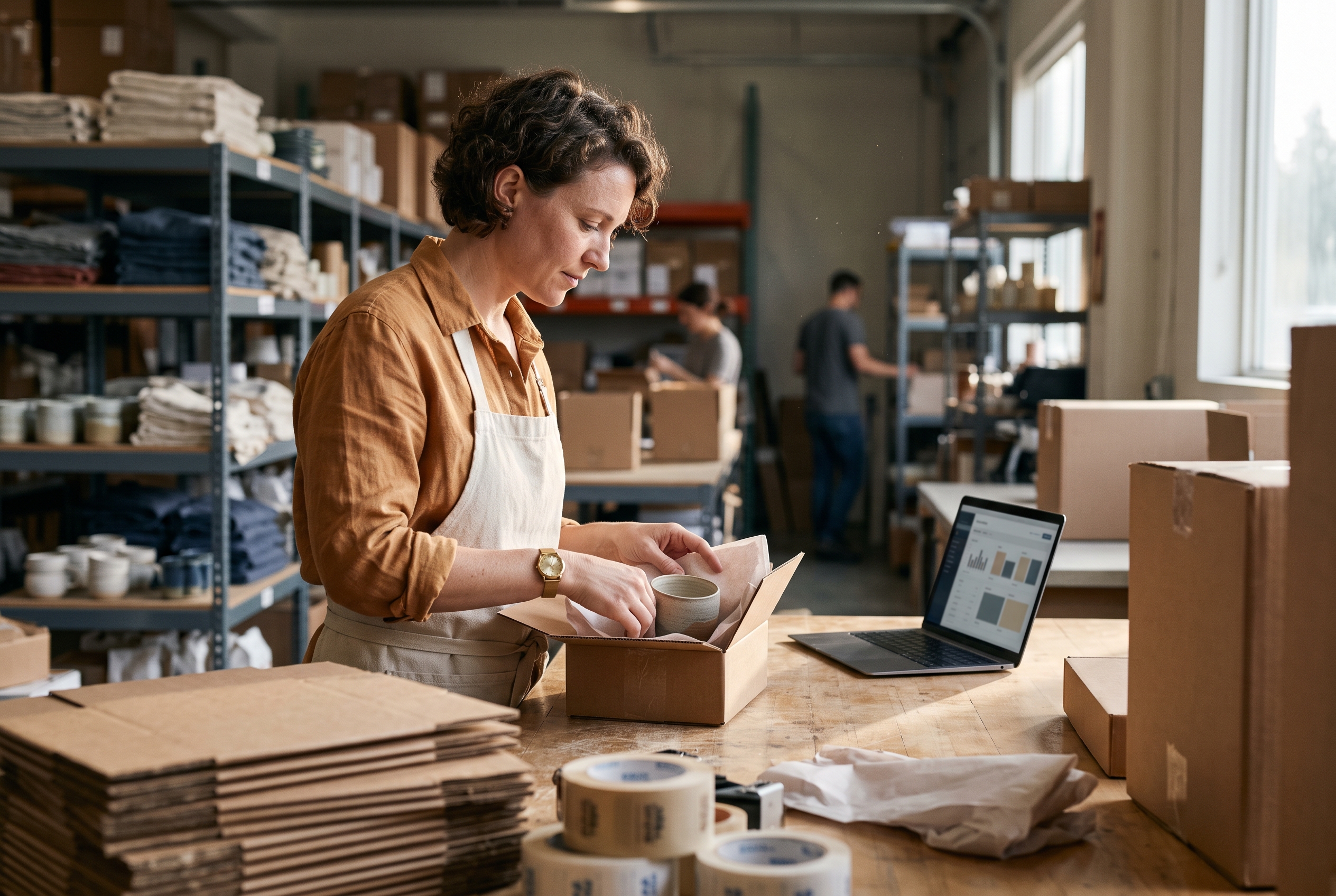 Small business owner packing customer orders into shipping boxes at a warehouse workbench in afternoon light