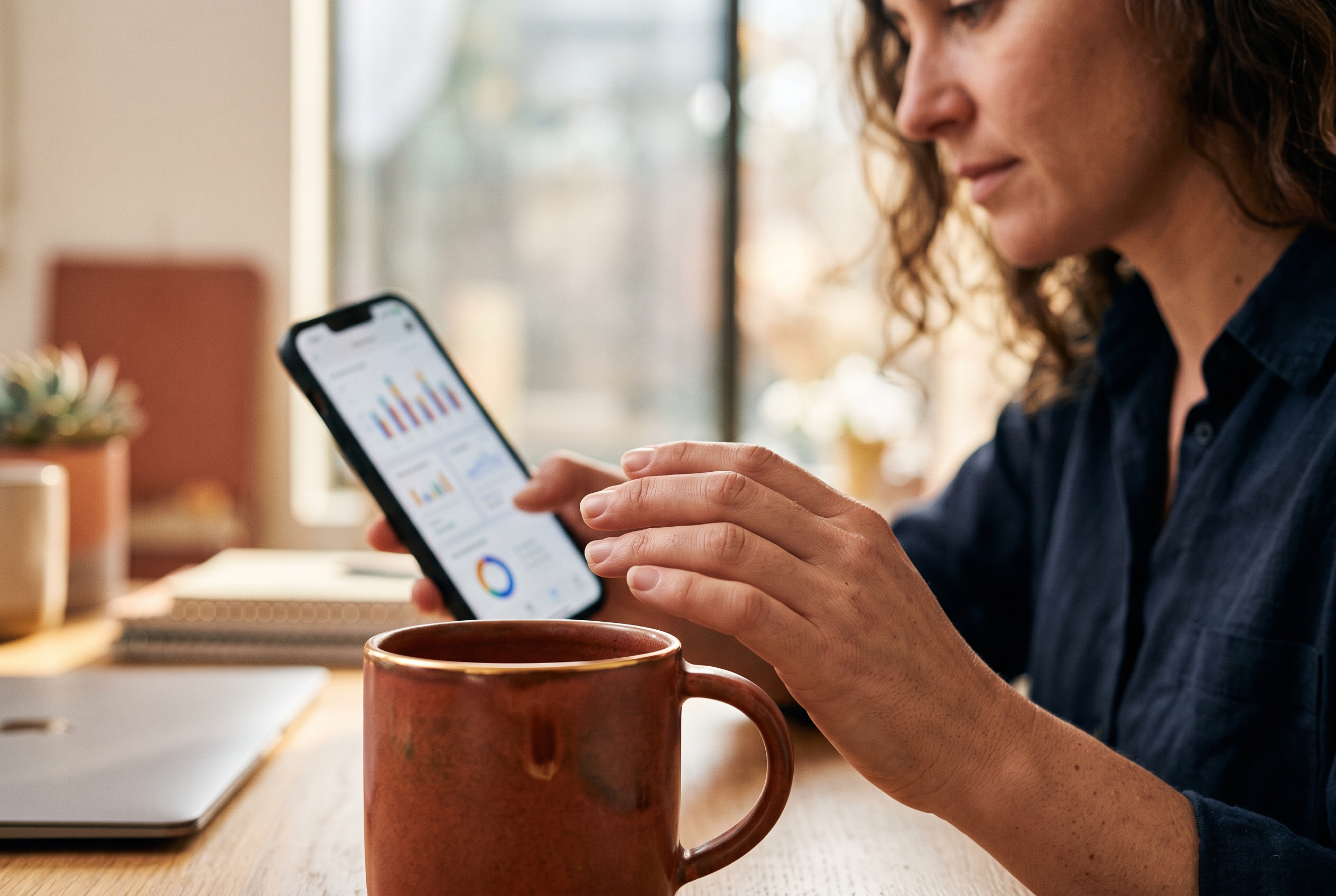 Entrepreneur reviewing store analytics on a phone over morning coffee at a sunlit desk