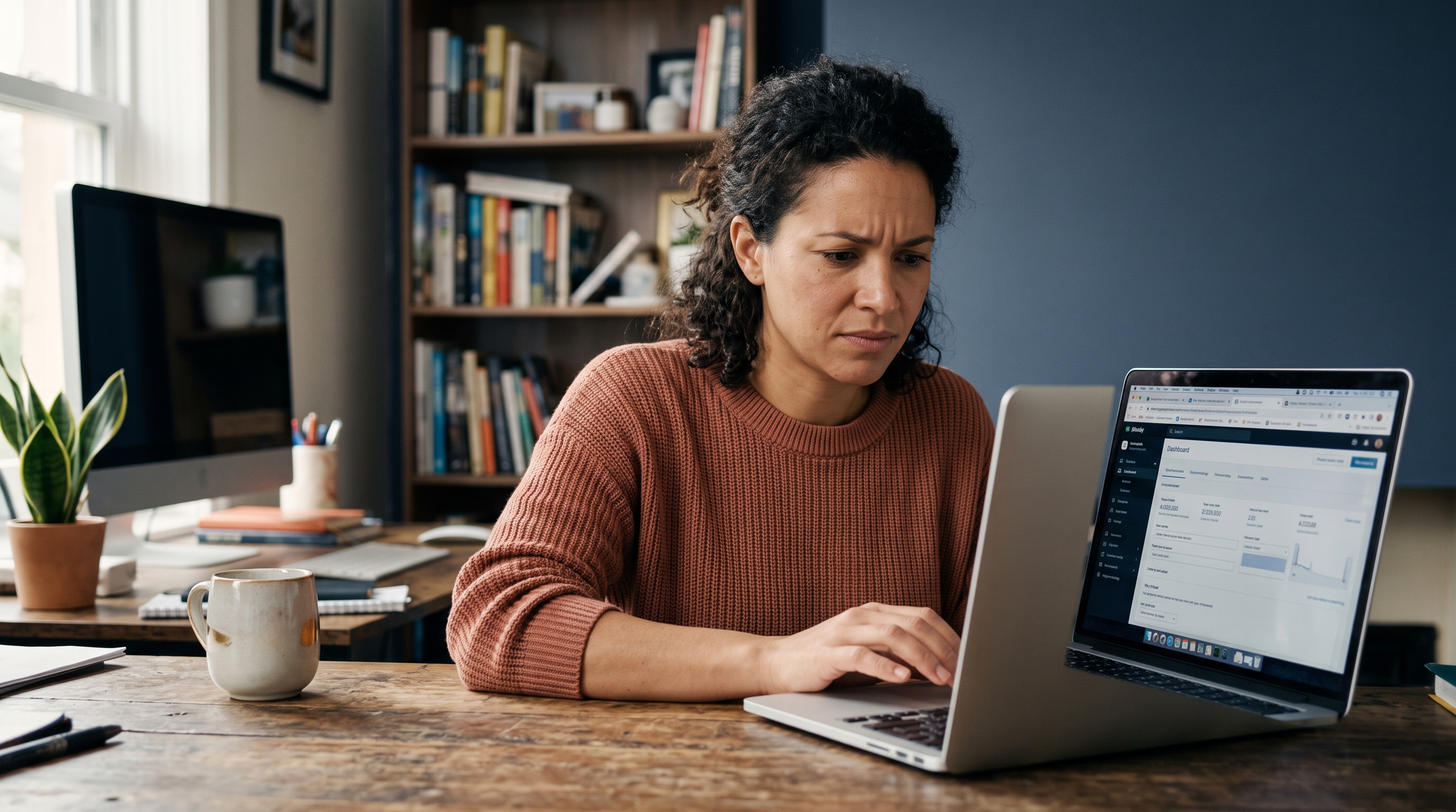 Small business owner frowning at a laptop covered in browser tabs of plugin settings in a home office