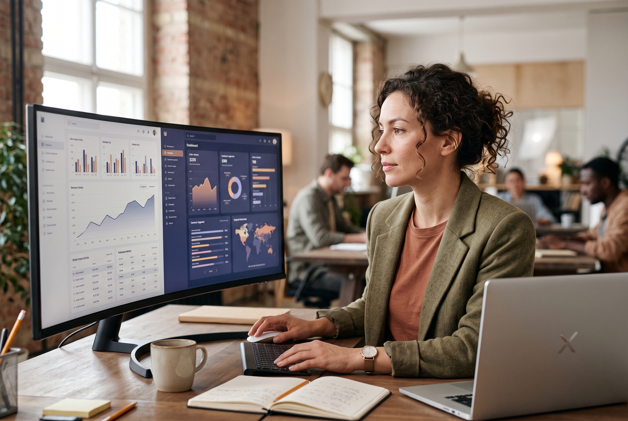 Founder comparing two ecommerce dashboards side by side on a wide monitor in a bright coworking space