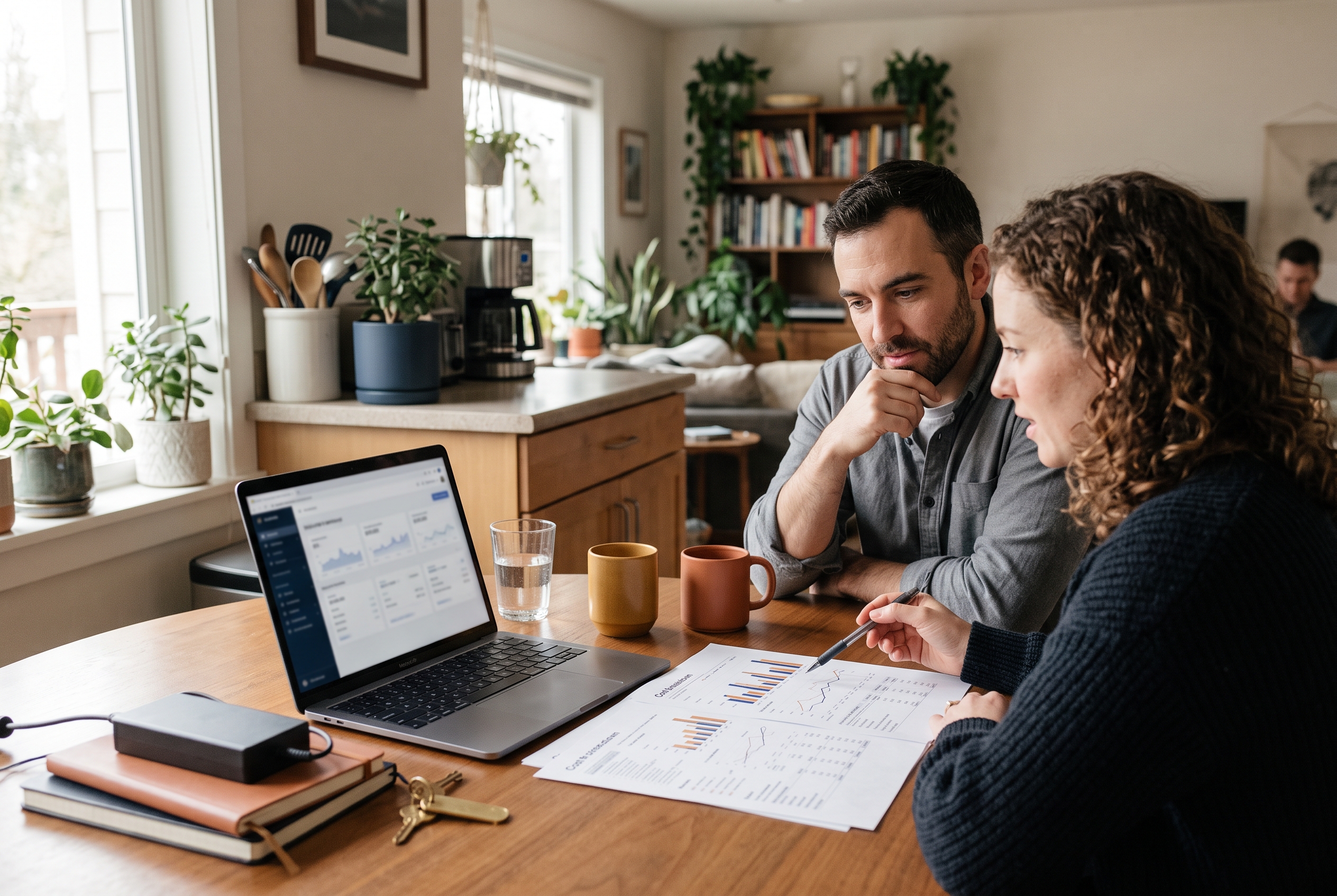 Two colleagues reviewing a printed cost breakdown at a kitchen table with coffee and a laptop nearby