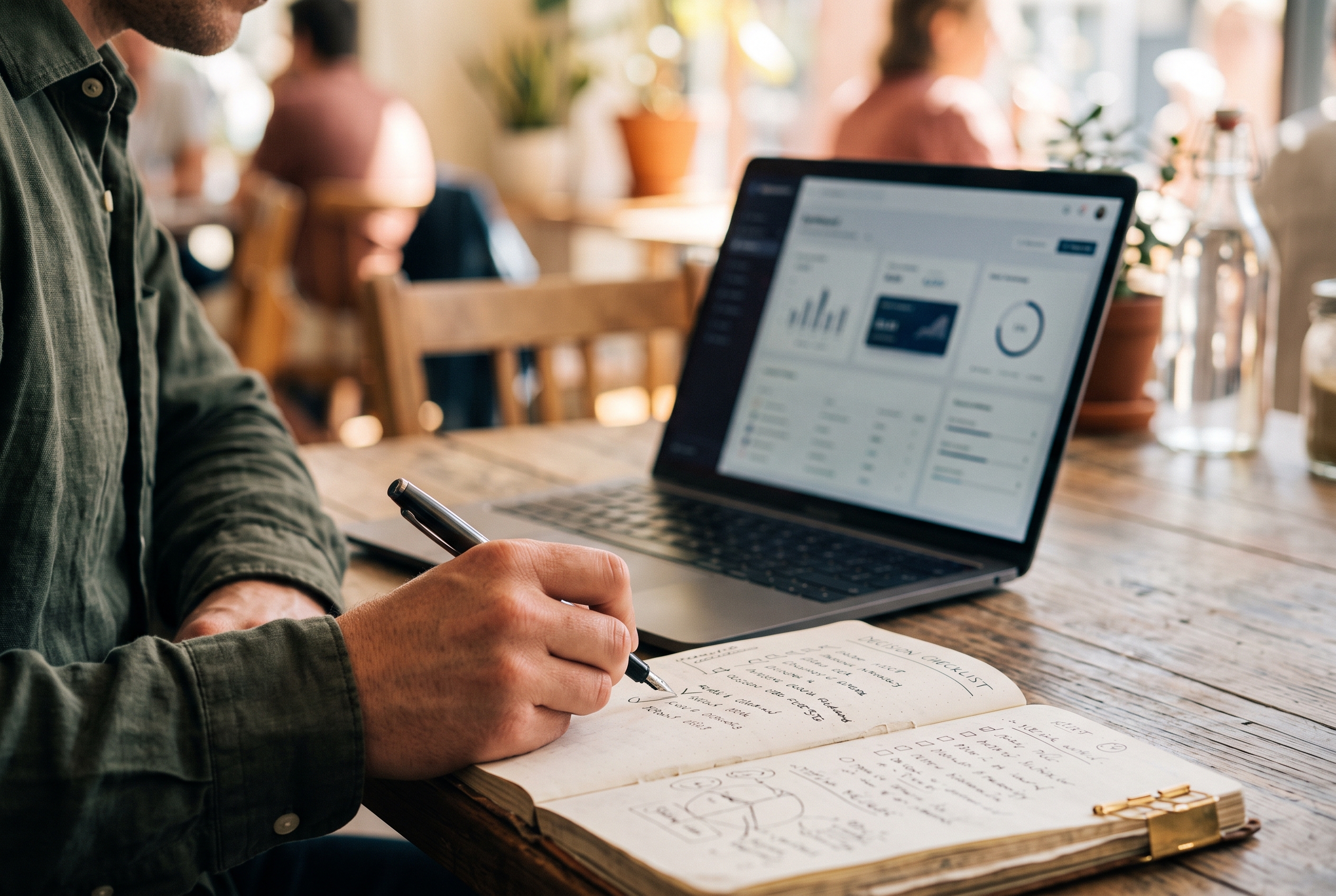 Entrepreneur sketching a decision checklist in a notebook beside an open laptop in a sunlit cafe
