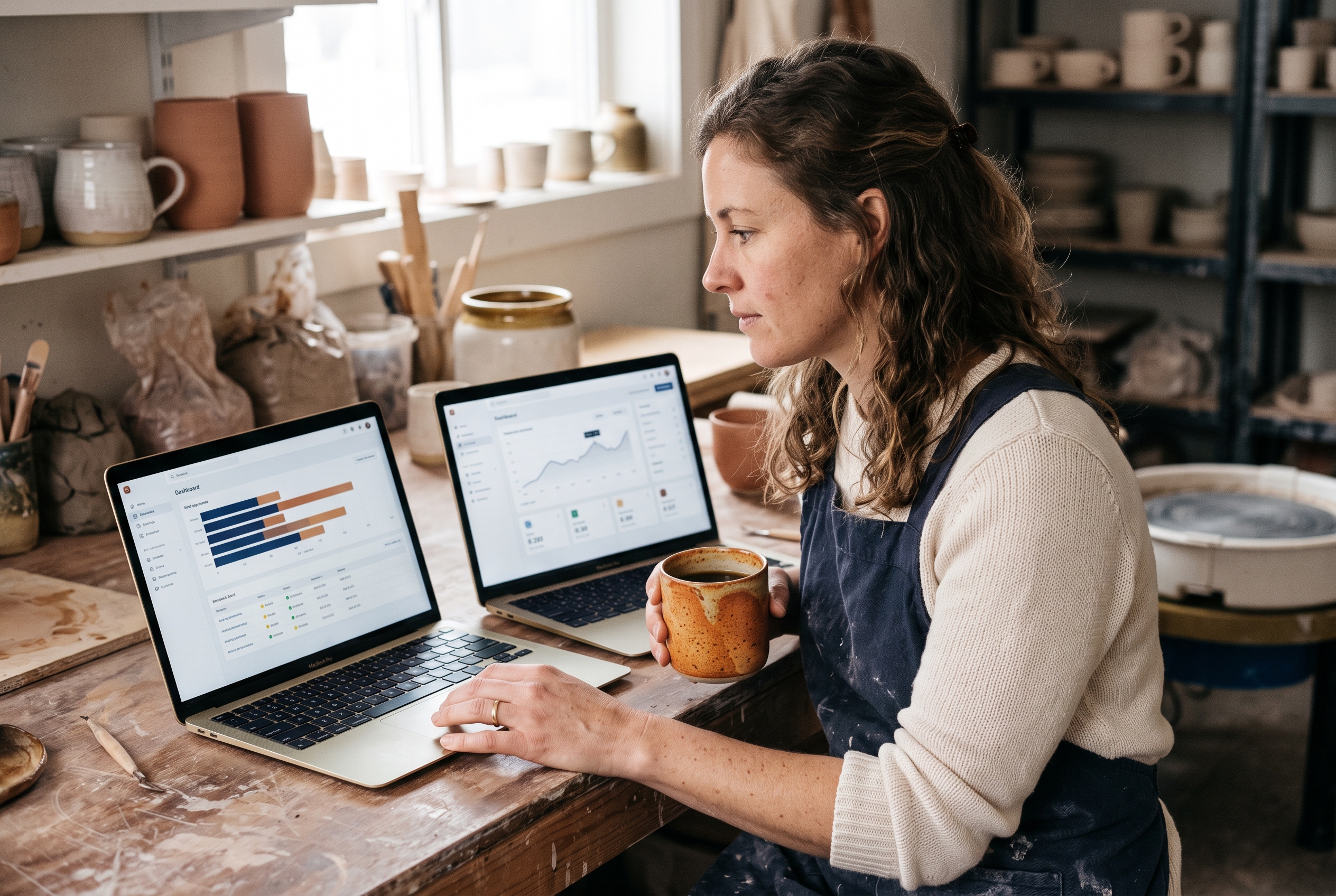 Ceramicist comparing two laptop screens showing different store dashboards while holding a handmade mug in her workshop