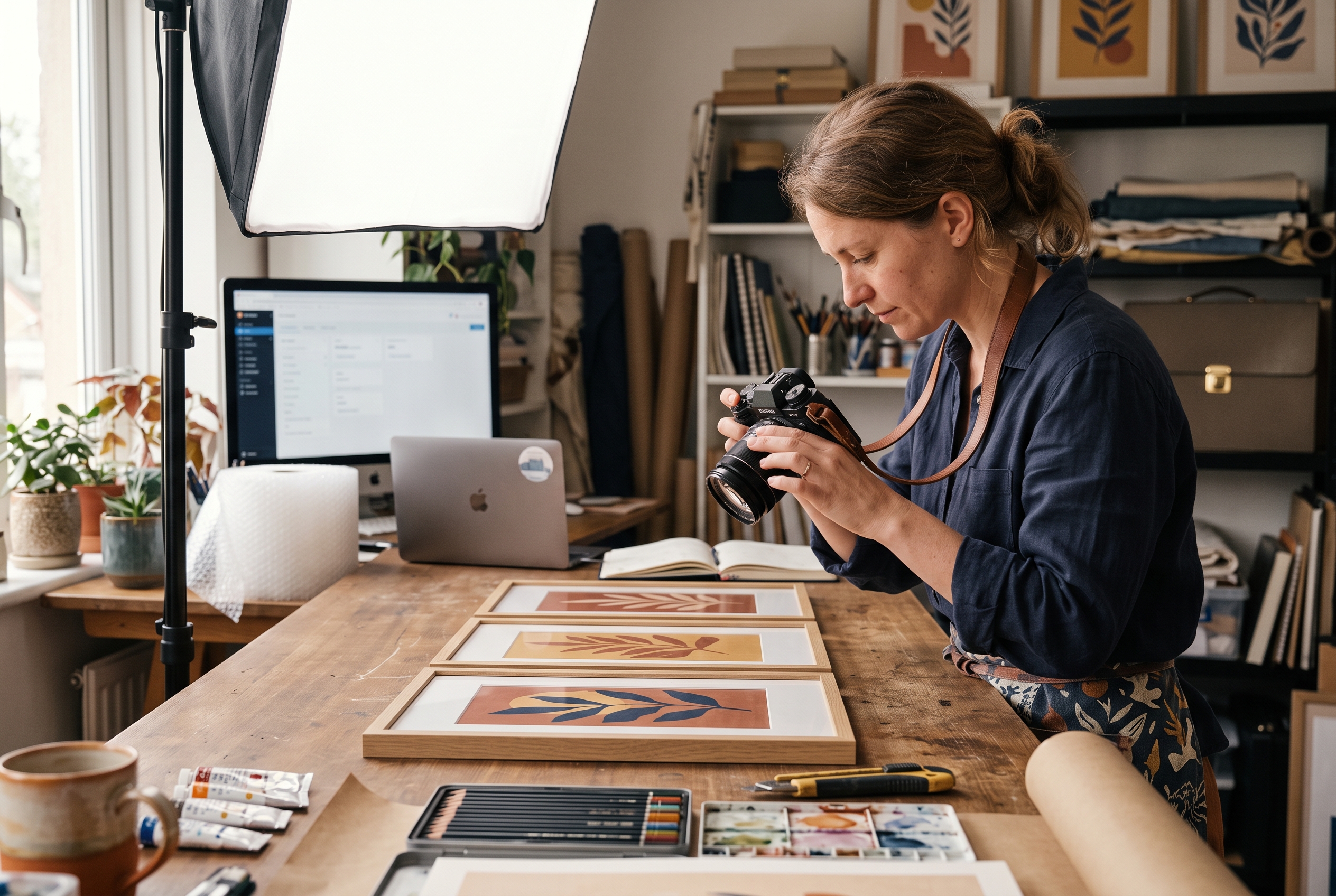 Illustrator photographing framed prints on a wooden table with a softbox light before listing them in her online shop
