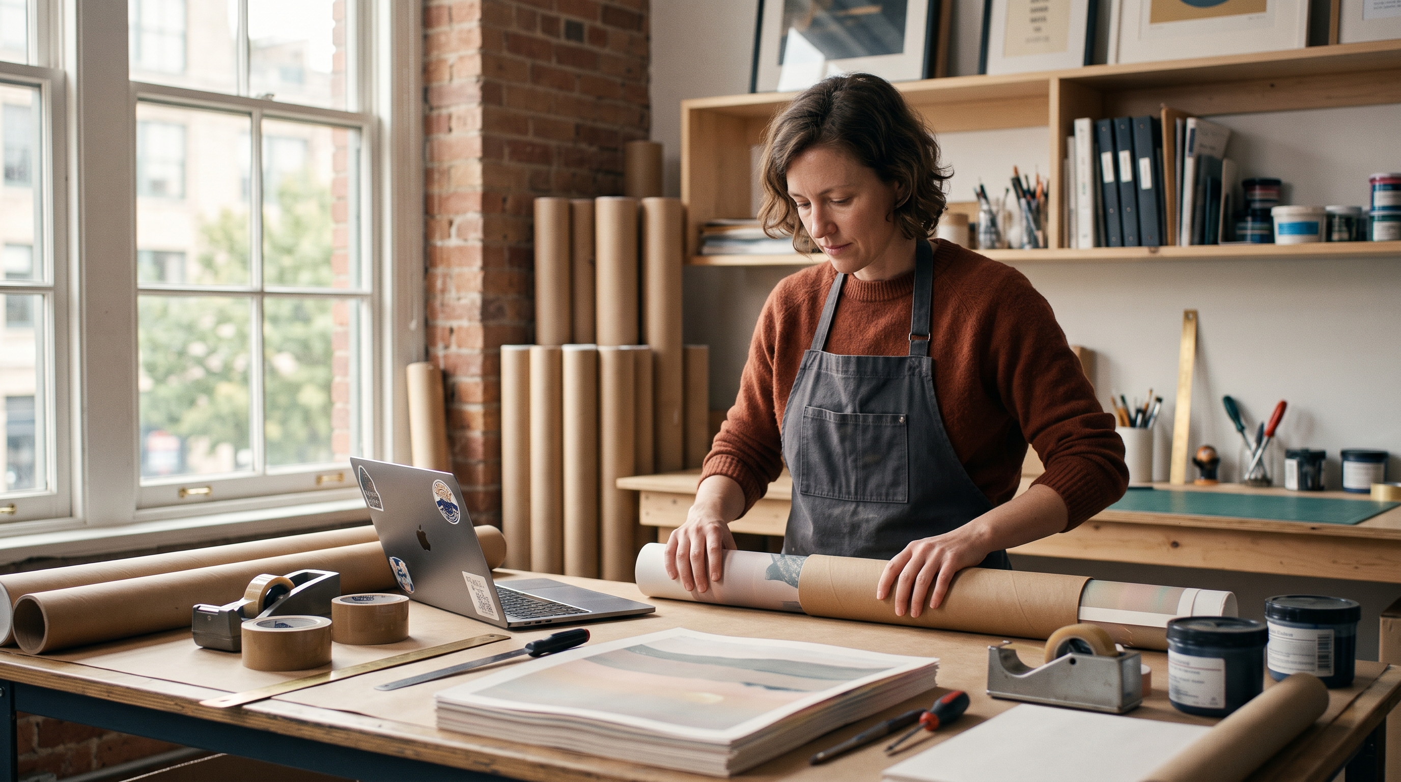 Independent artist packing screen-printed posters into shipping tubes at a workbench while checking orders on a laptop