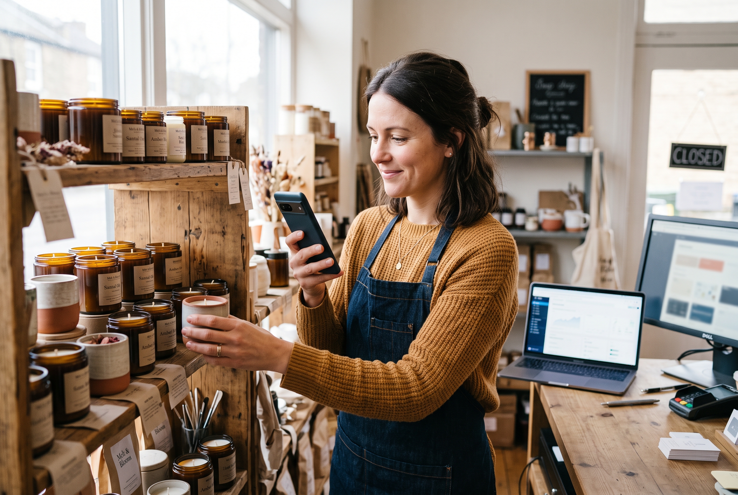 Small shop owner arranging hand-poured candles on shelves while photographing them with a phone for new listings