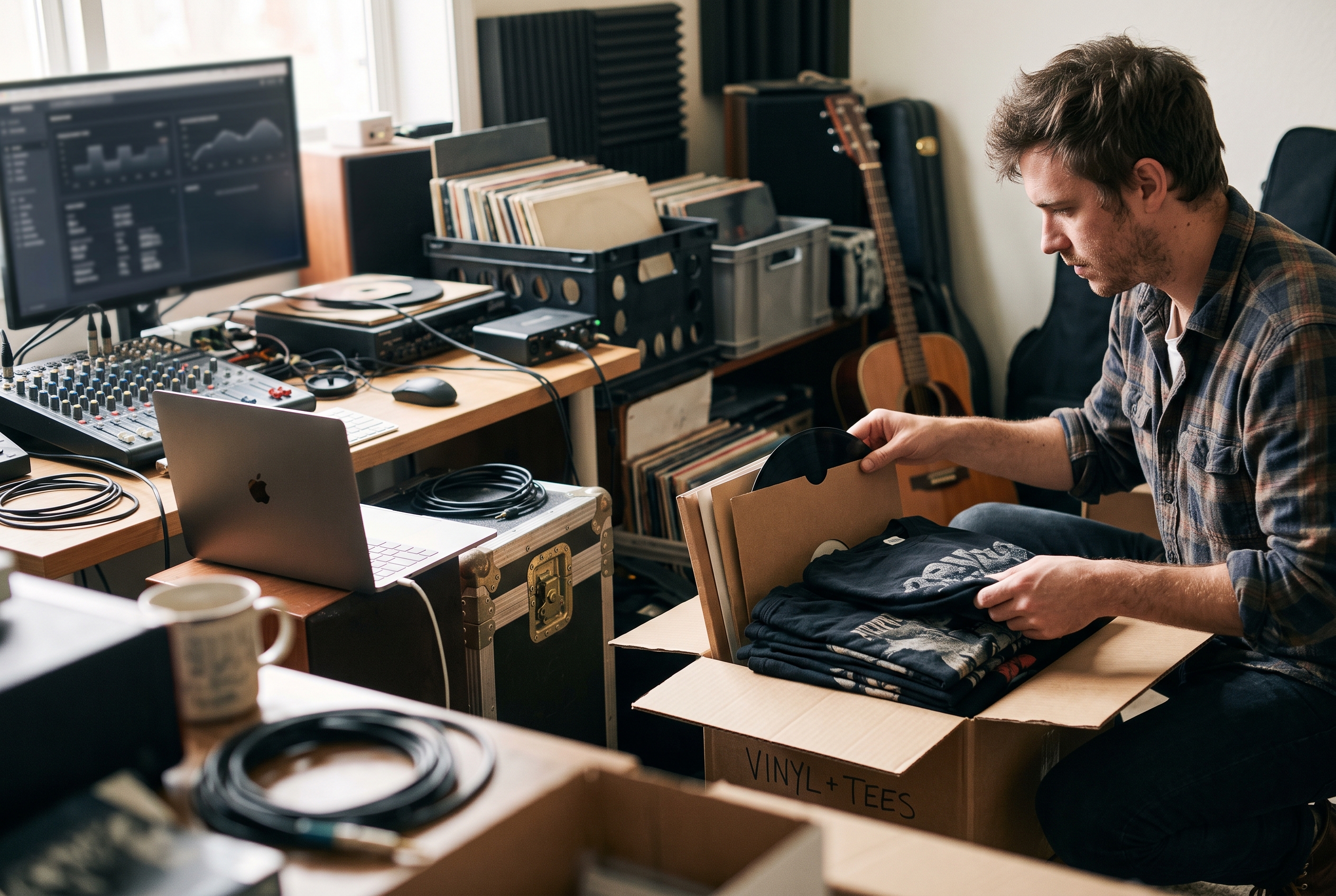 Musician unboxing a fresh batch of vinyl records and band t-shirts in a cluttered home studio