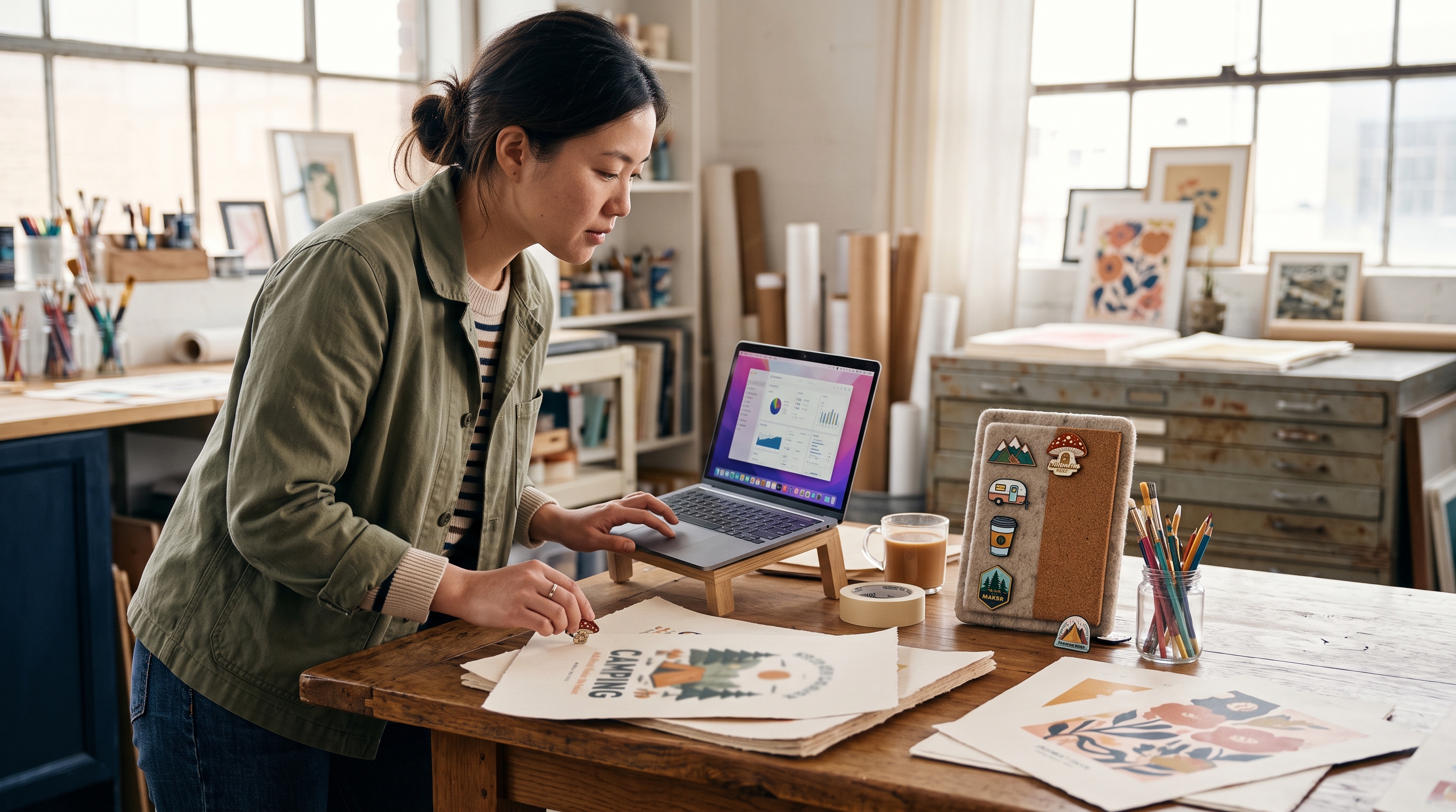 Independent artist arranging screen-printed posters and enamel pins on a wooden table while checking her laptop