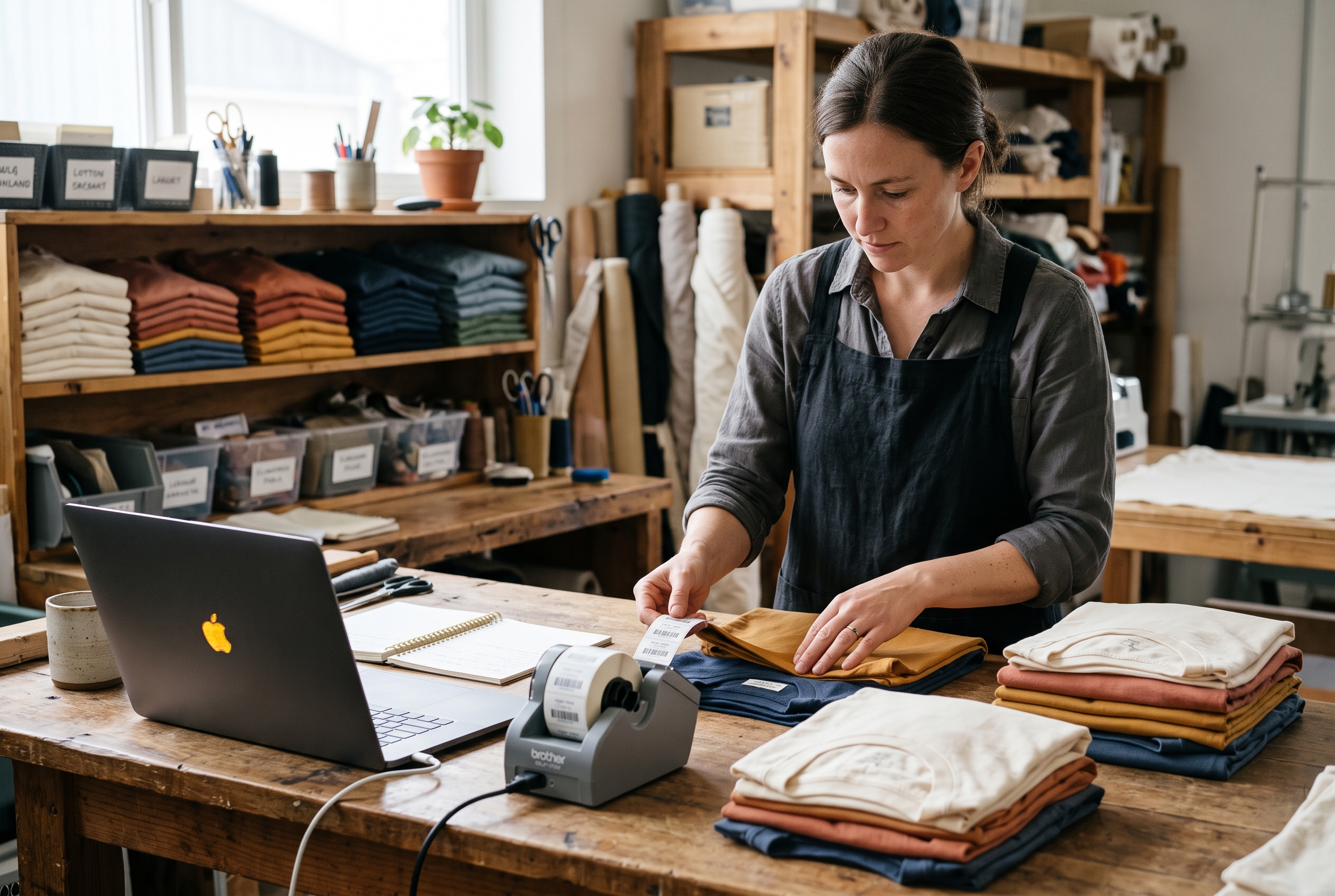 Clothing maker folding t-shirts in several colors on a studio shelf while tagging sizes with a label printer