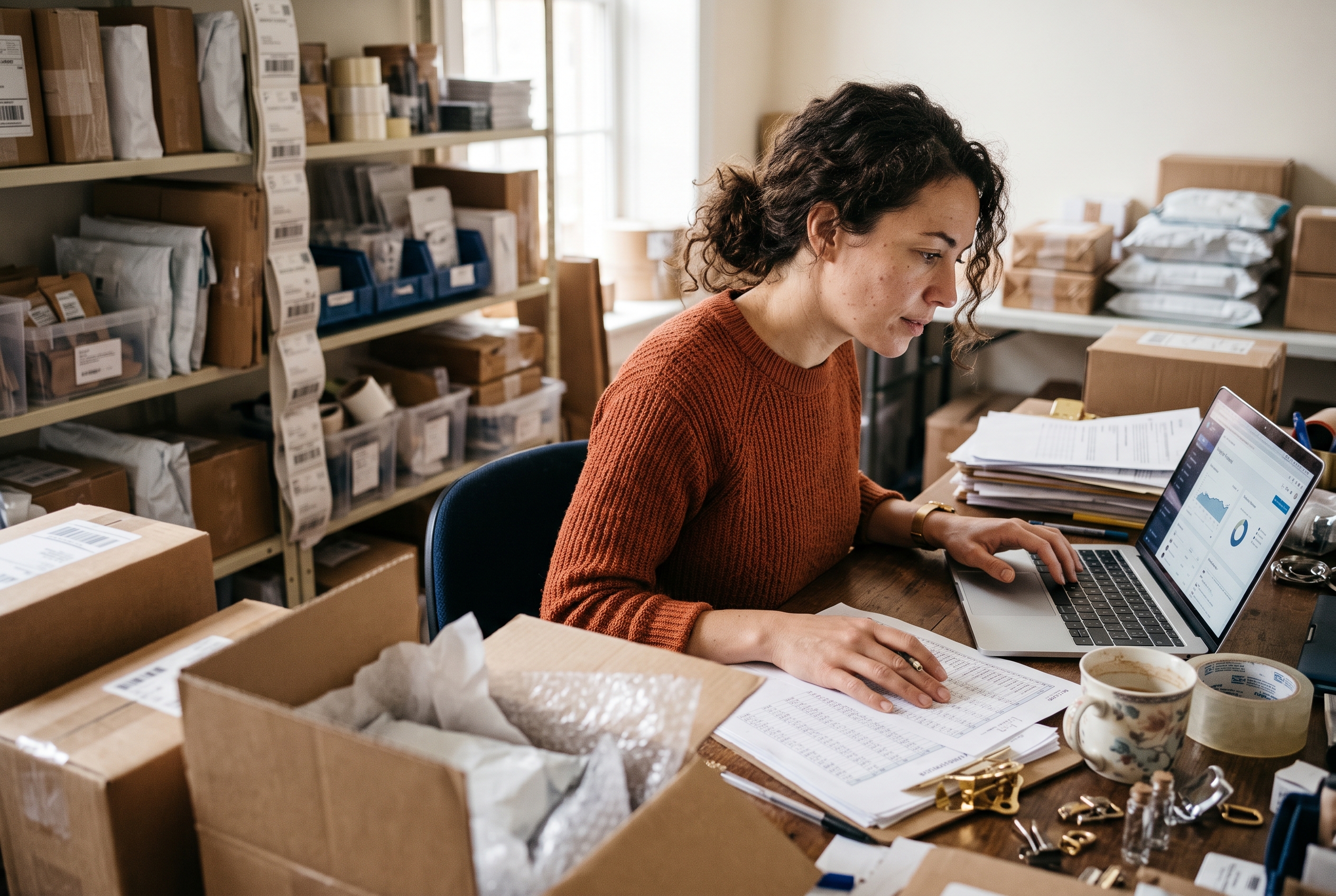 Small shop owner comparing product spreadsheets and a laptop dashboard at a cluttered desk beside packed parcels