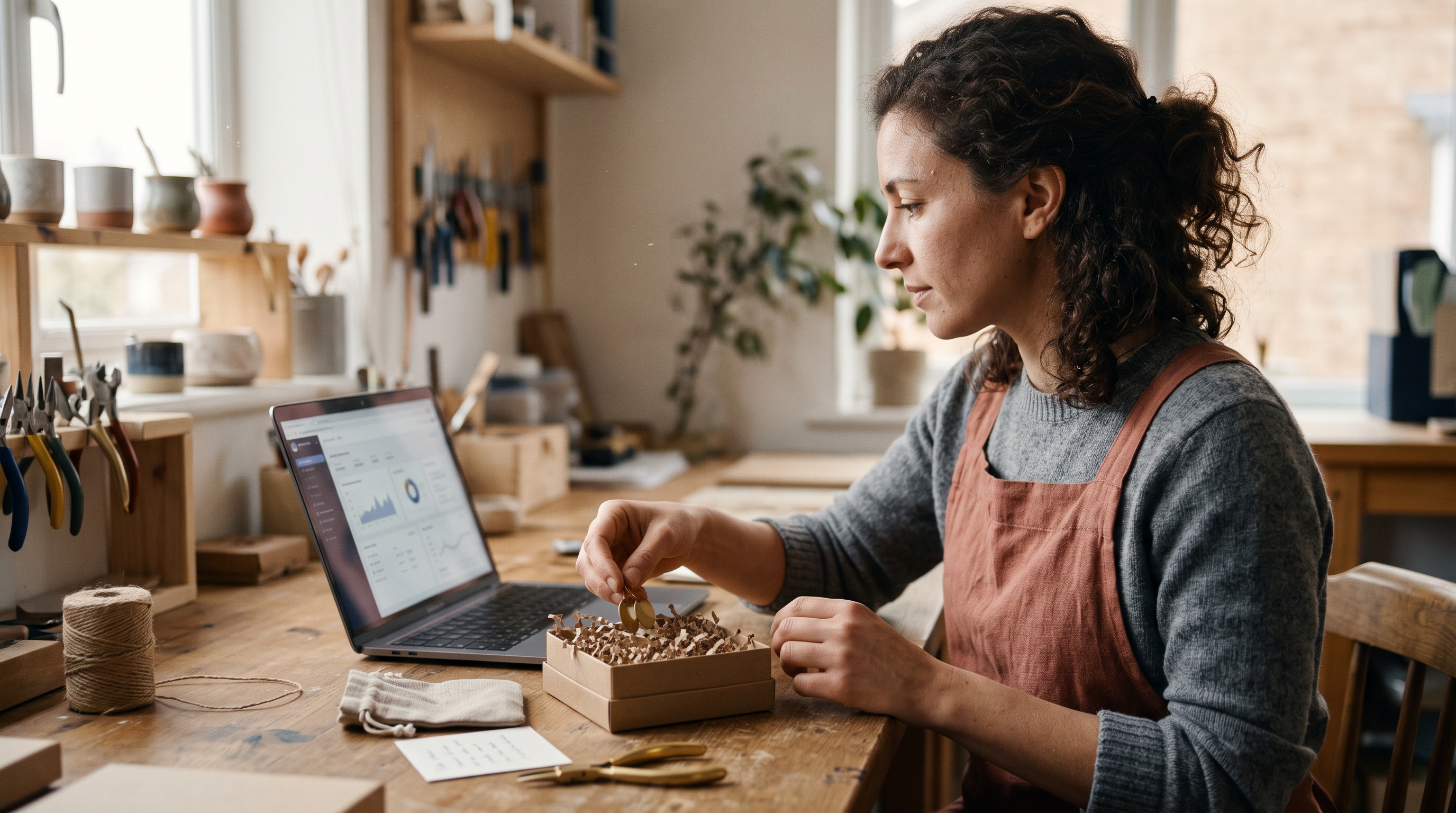 Independent jewelry maker packing a small order at a wooden desk while checking her laptop for a new sale