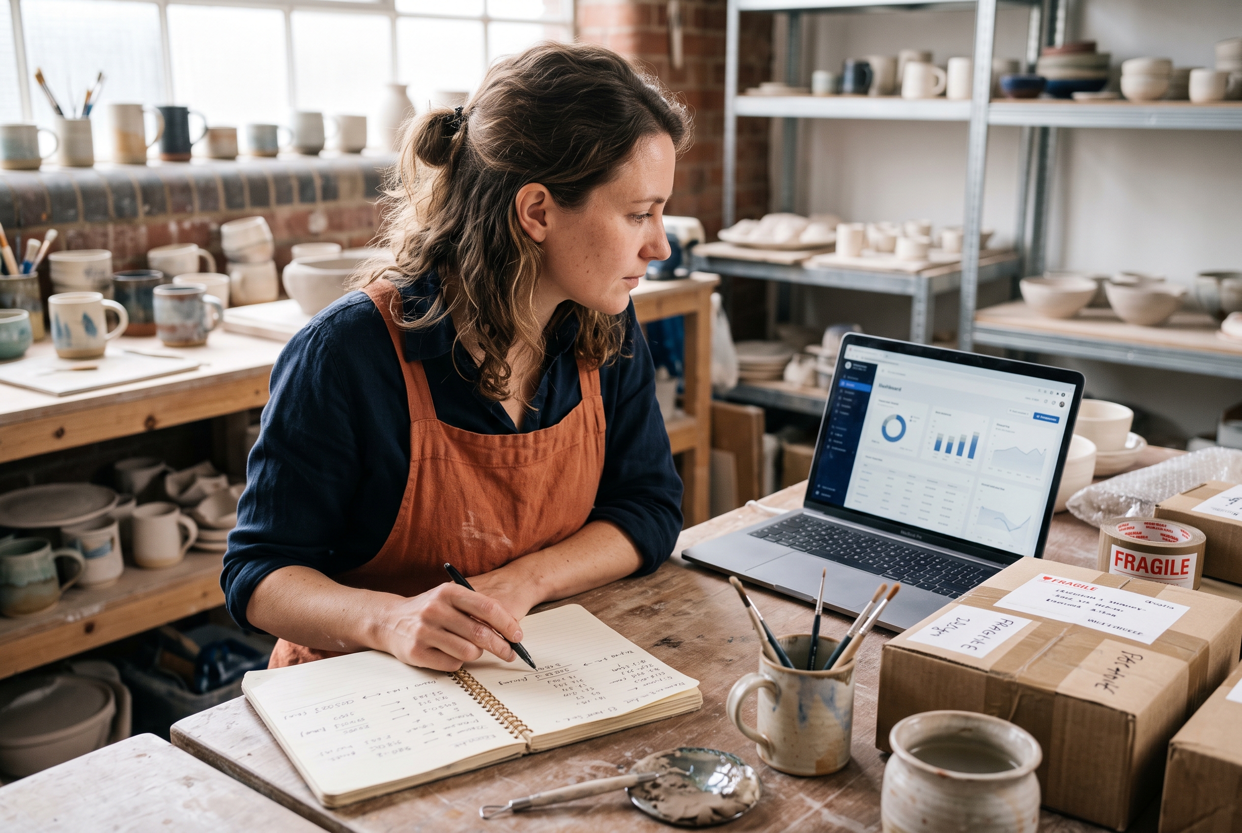 Ceramics seller at a studio table comparing payment fee numbers in a notebook next to a laptop and packed parcels