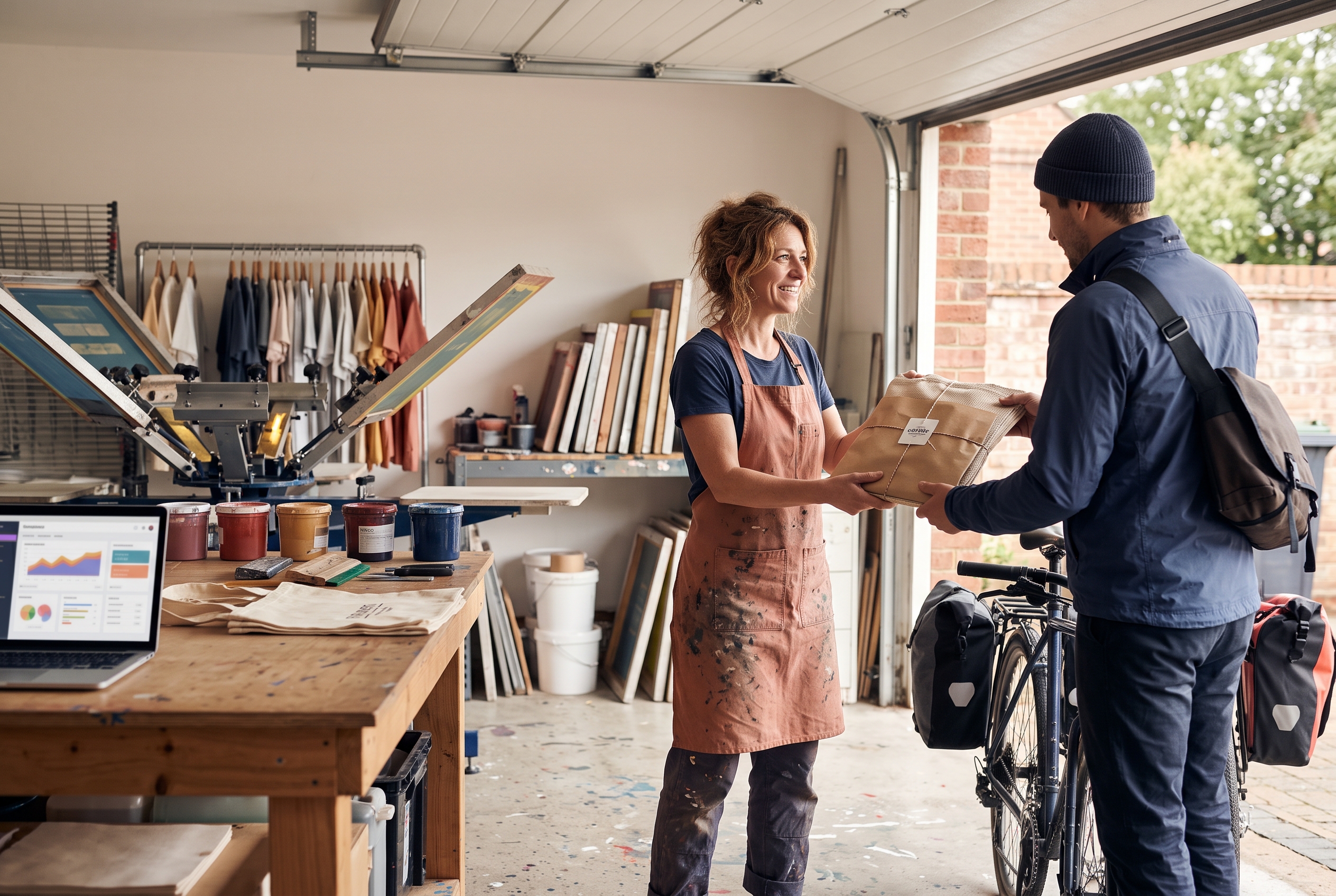 Screen-printing artist handing a wrapped tote bag order to a courier in a bright garage studio