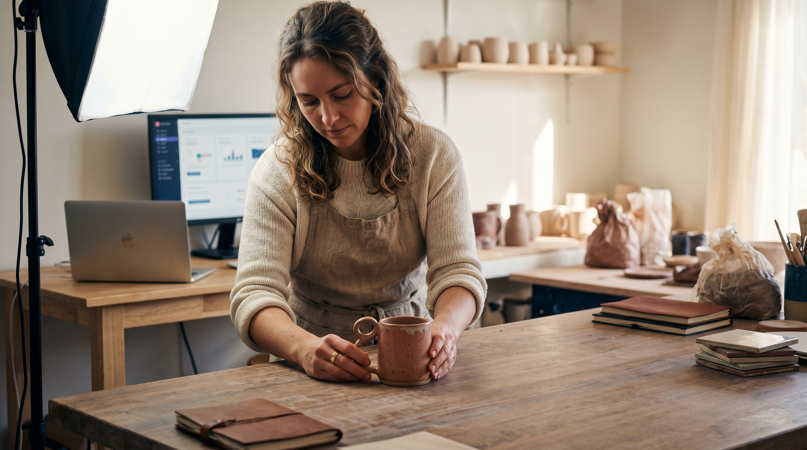 Small business owner photographing handmade ceramic mugs on a wooden table under a softbox light in a home studio