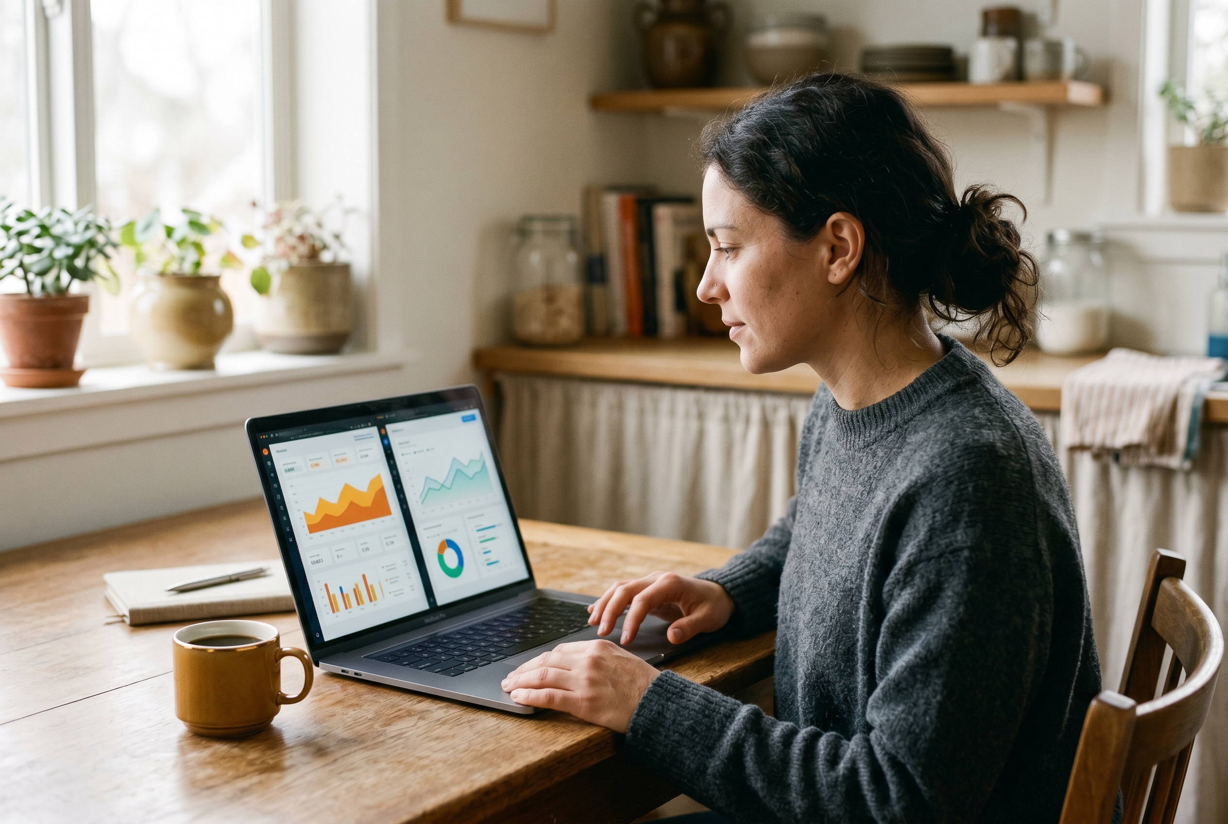 Founder comparing two store dashboards side by side on a laptop at a kitchen table with morning coffee