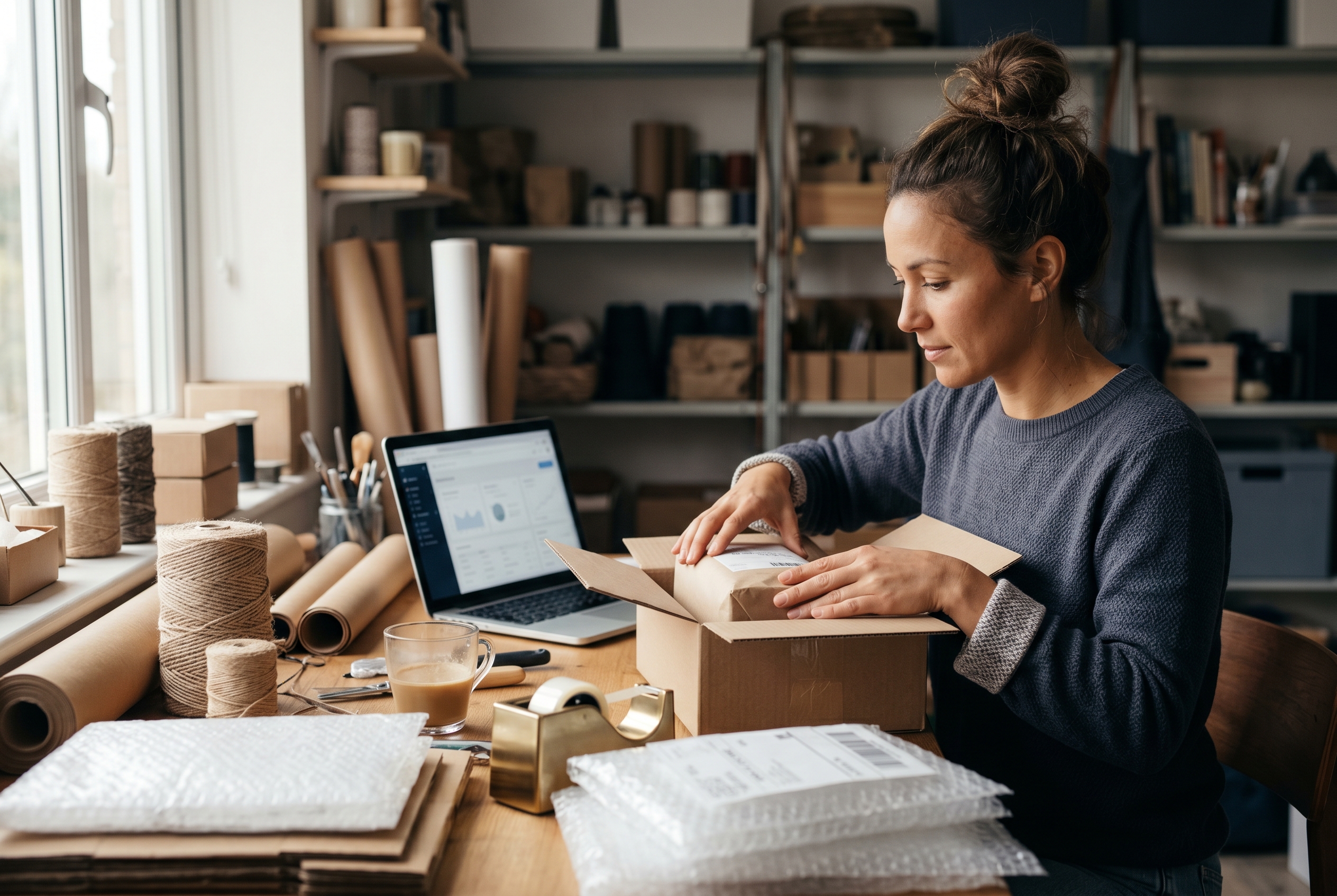 Maker packing wrapped orders into shipping boxes at a cluttered home workspace with a laptop showing recent sales
