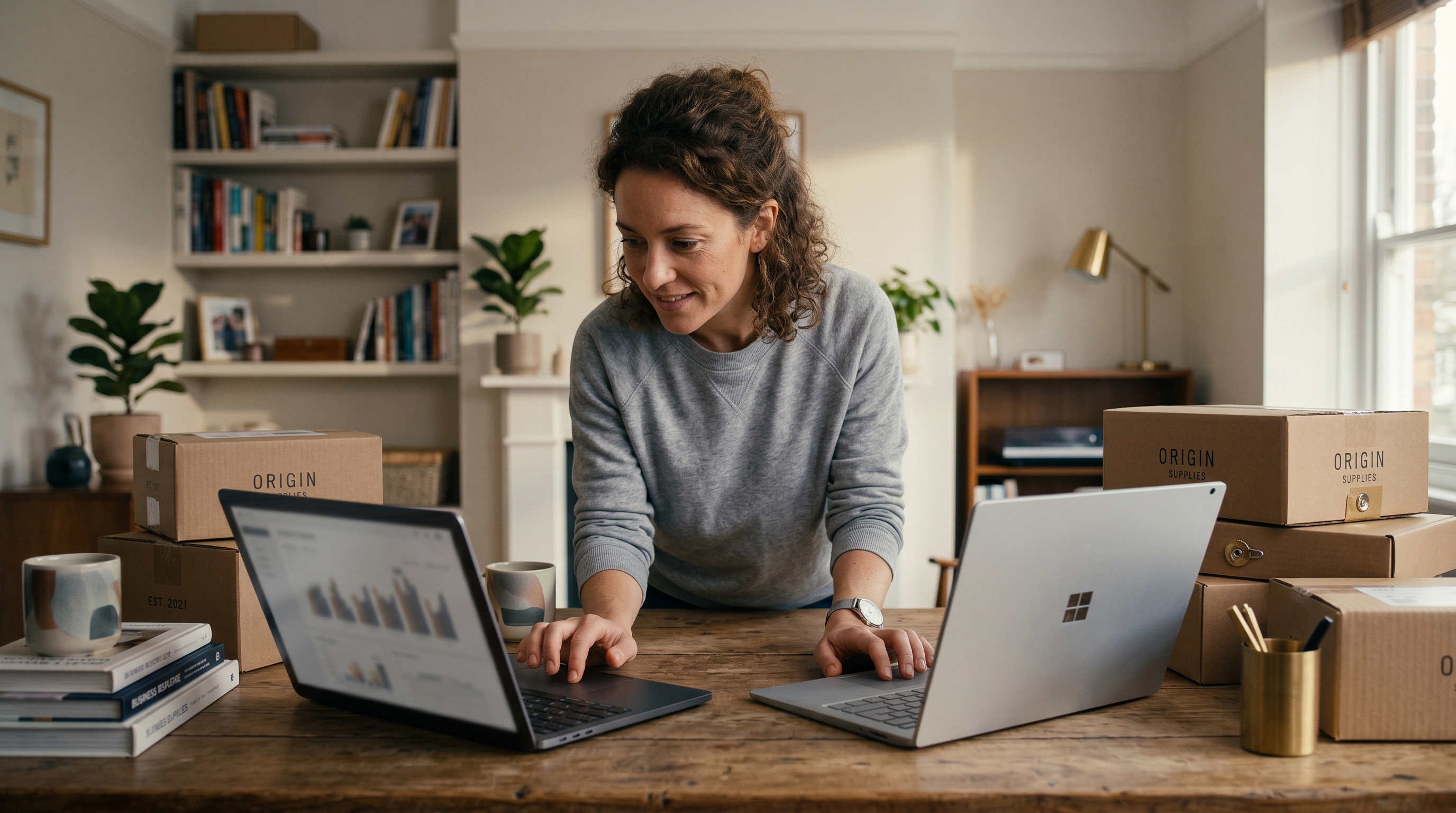 Small business owner comparing two laptops on a wooden desk surrounded by product boxes in a home office