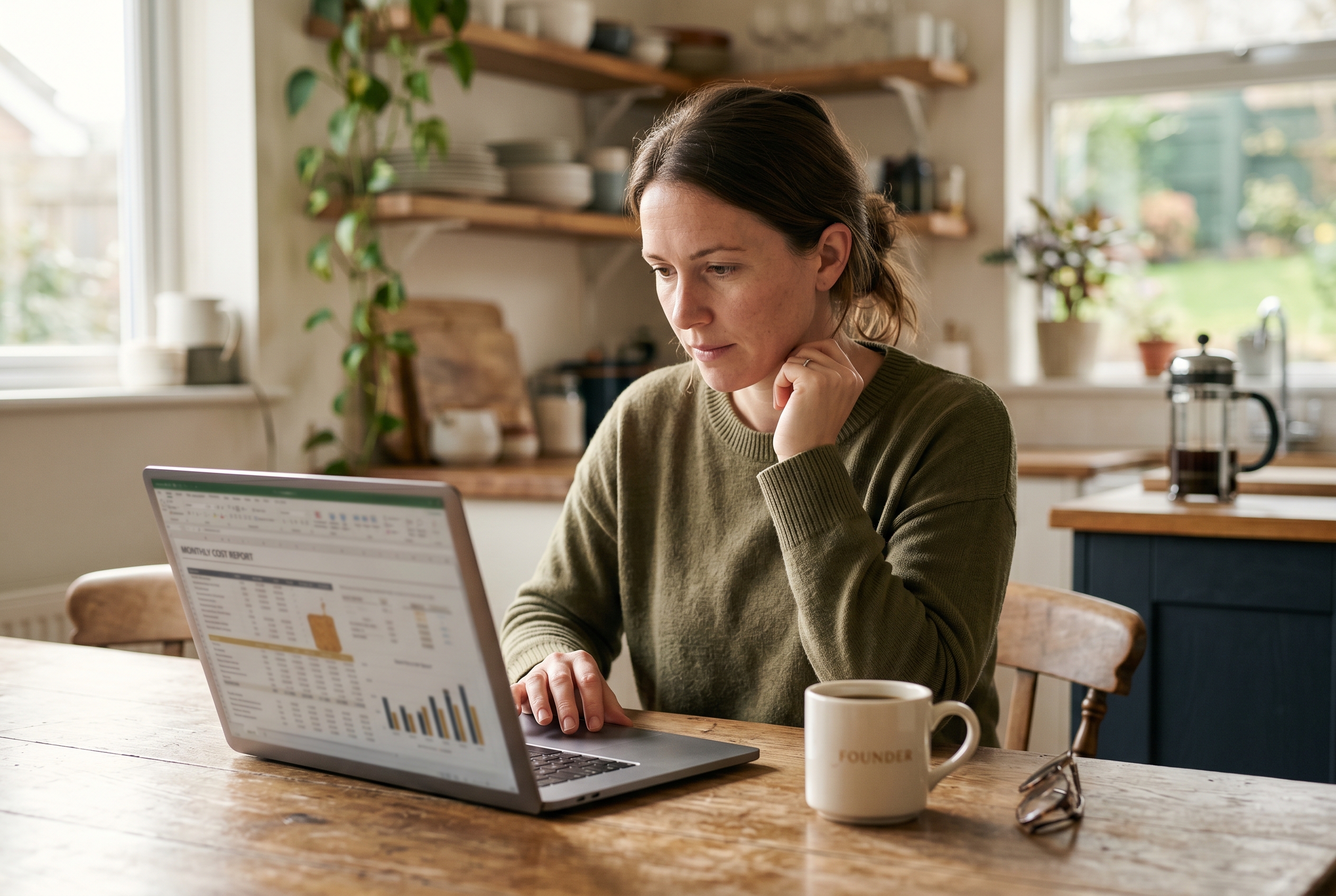 Founder reviewing a monthly cost spreadsheet on a laptop at a kitchen table with a coffee mug nearby