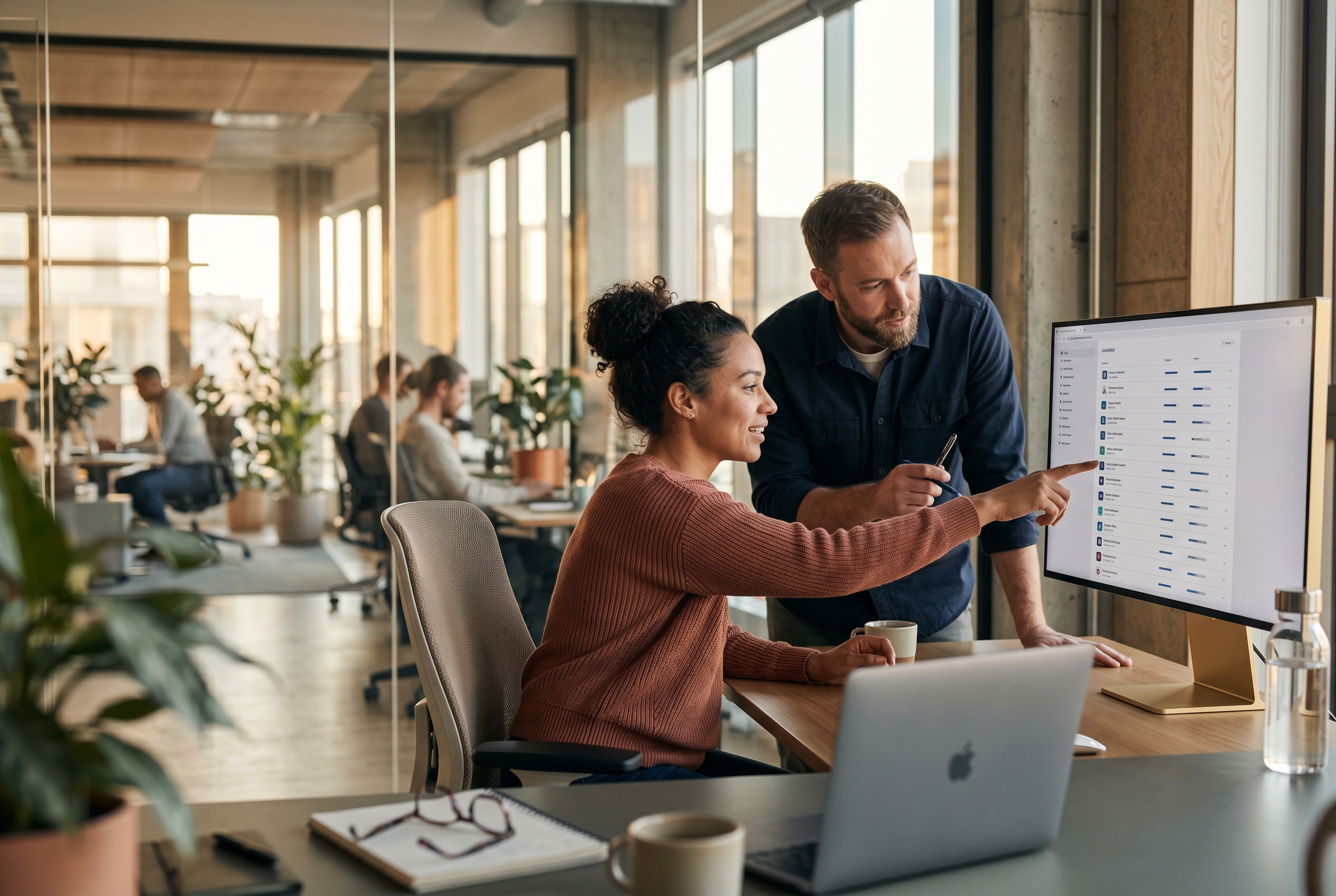 Two team members reviewing a long list of installed apps on a wide monitor in a modern office at golden hour