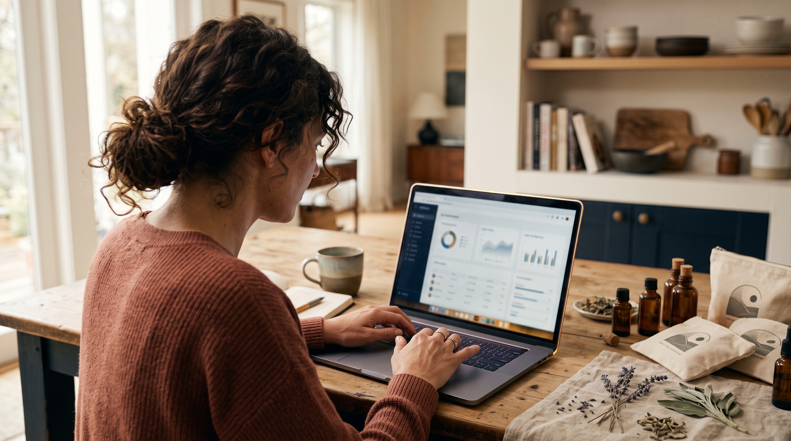 Small business owner typing a prompt into a laptop at a kitchen table with product samples nearby