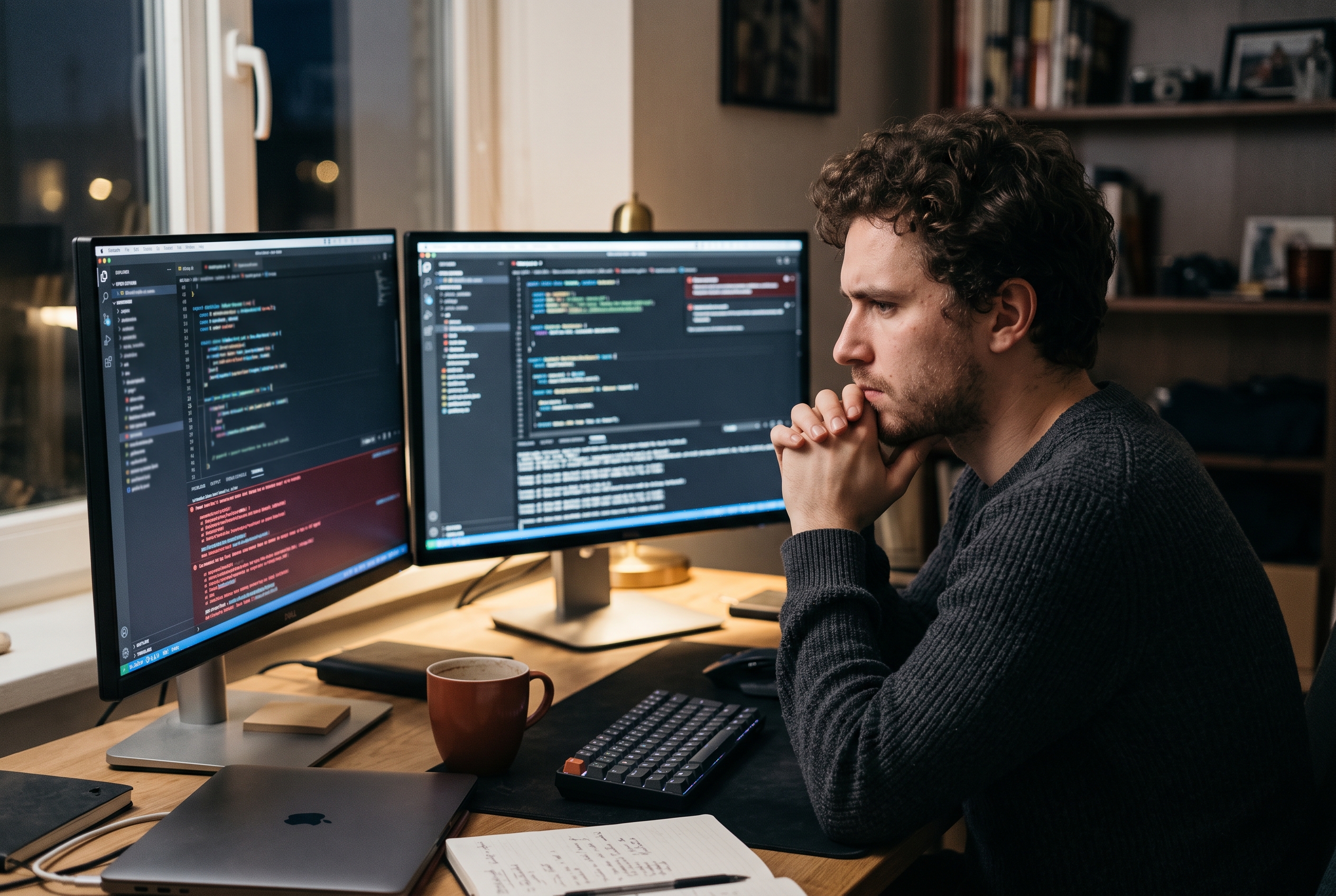 Developer frowning at two monitors filled with code and error messages in a dim home office late at night