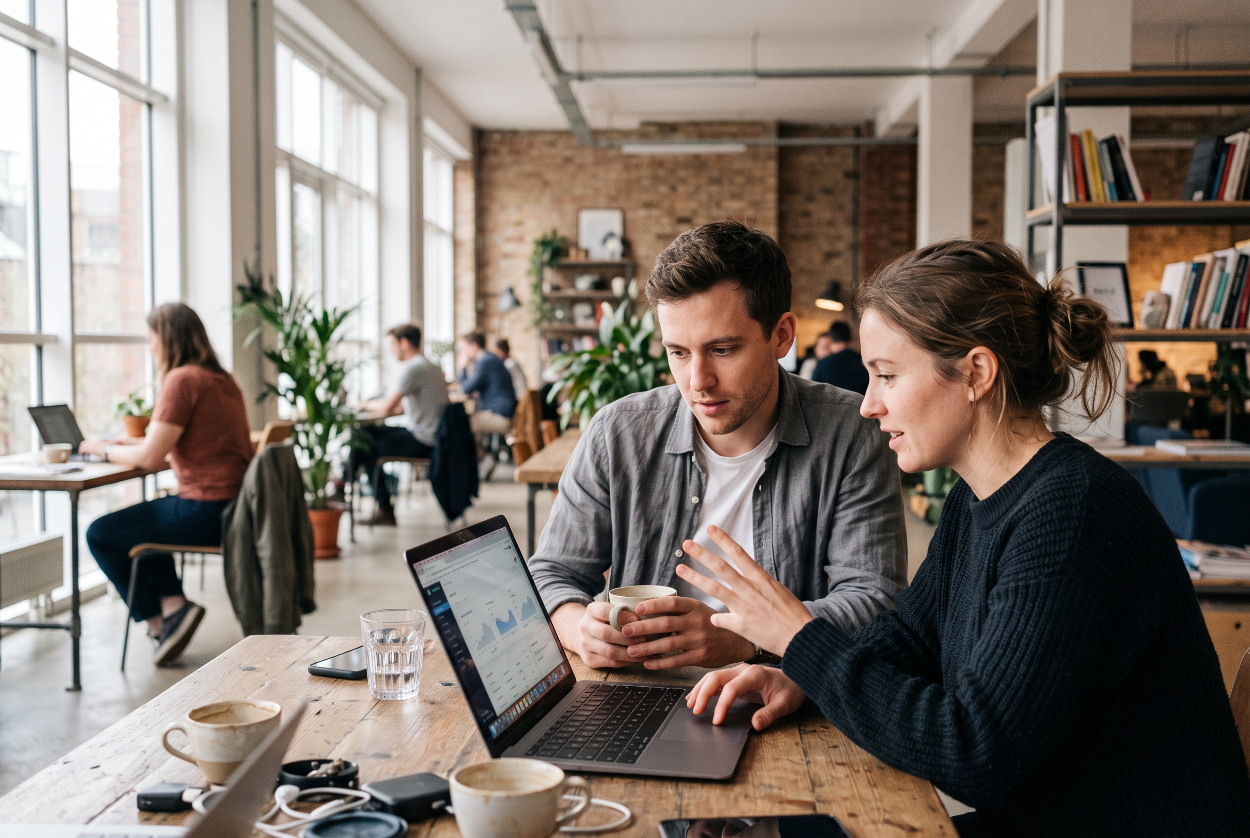 Two founders comparing options on a shared laptop screen over coffee in a bright co-working space