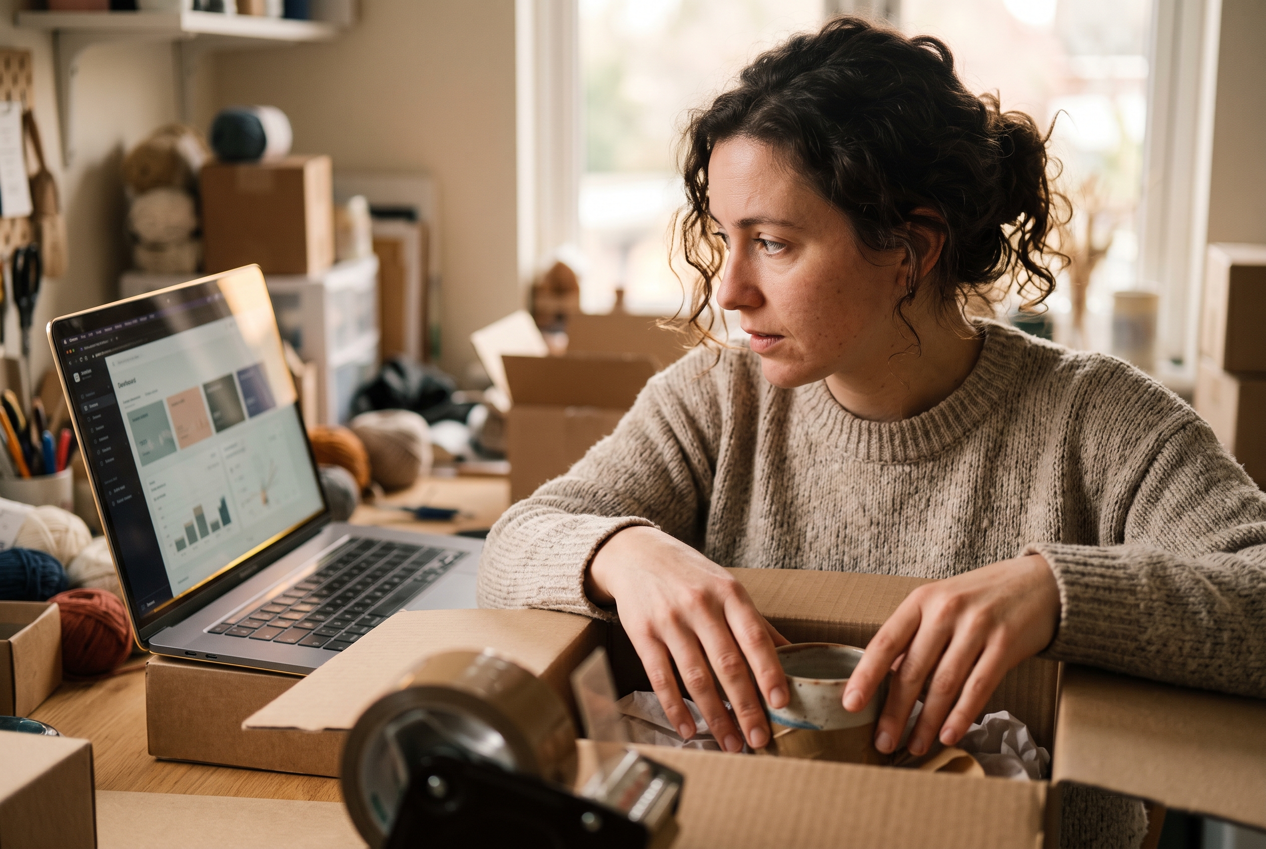 Founder packing an order into a shipping box while glancing at a store dashboard on a nearby laptop in a home studio