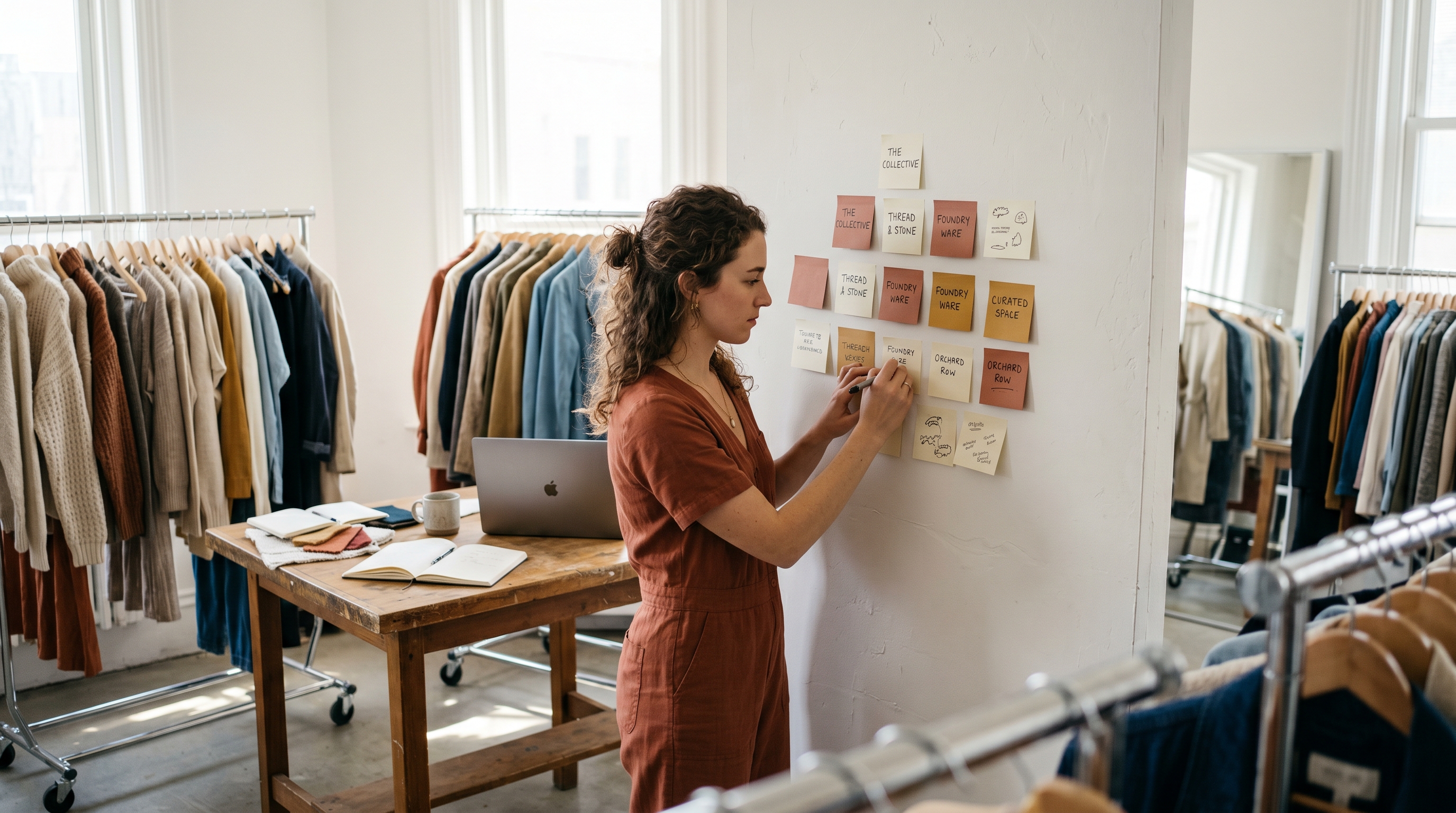 Boutique owner writing name ideas on sticky notes stuck to a bright studio wall surrounded by clothing racks
