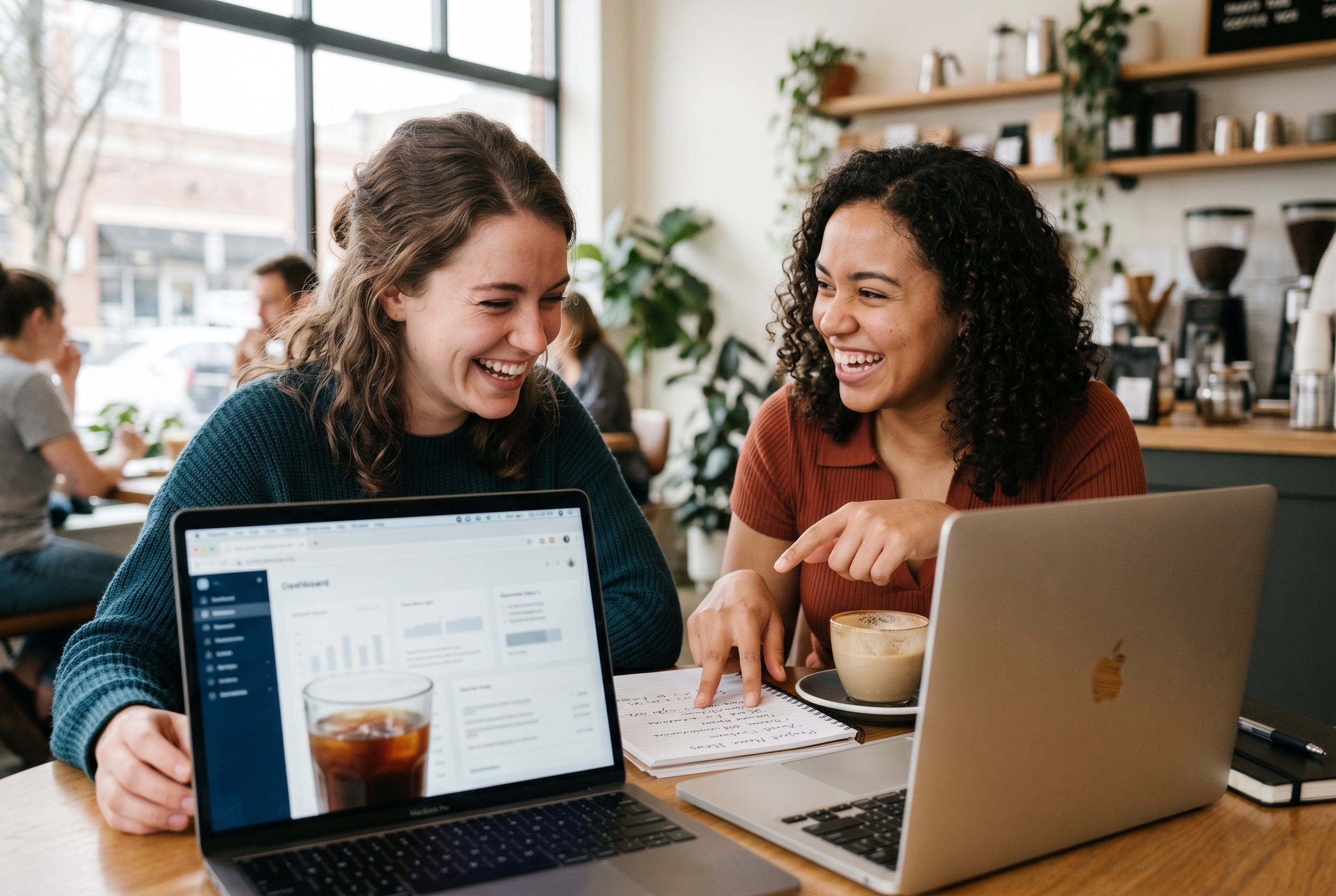Two friends laughing over a laptop and a notebook of name ideas at a cafe table with coffee cups