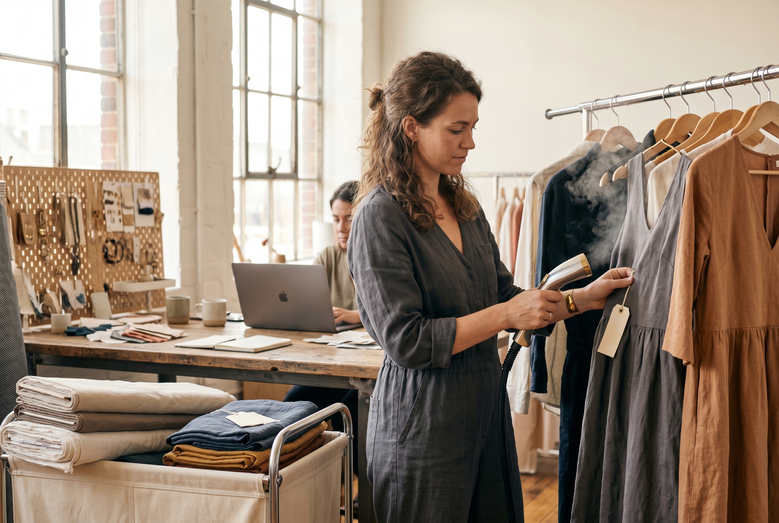 Small business owner steaming a dress on a clothing rack inside a sunlit retail studio with a price tag in hand