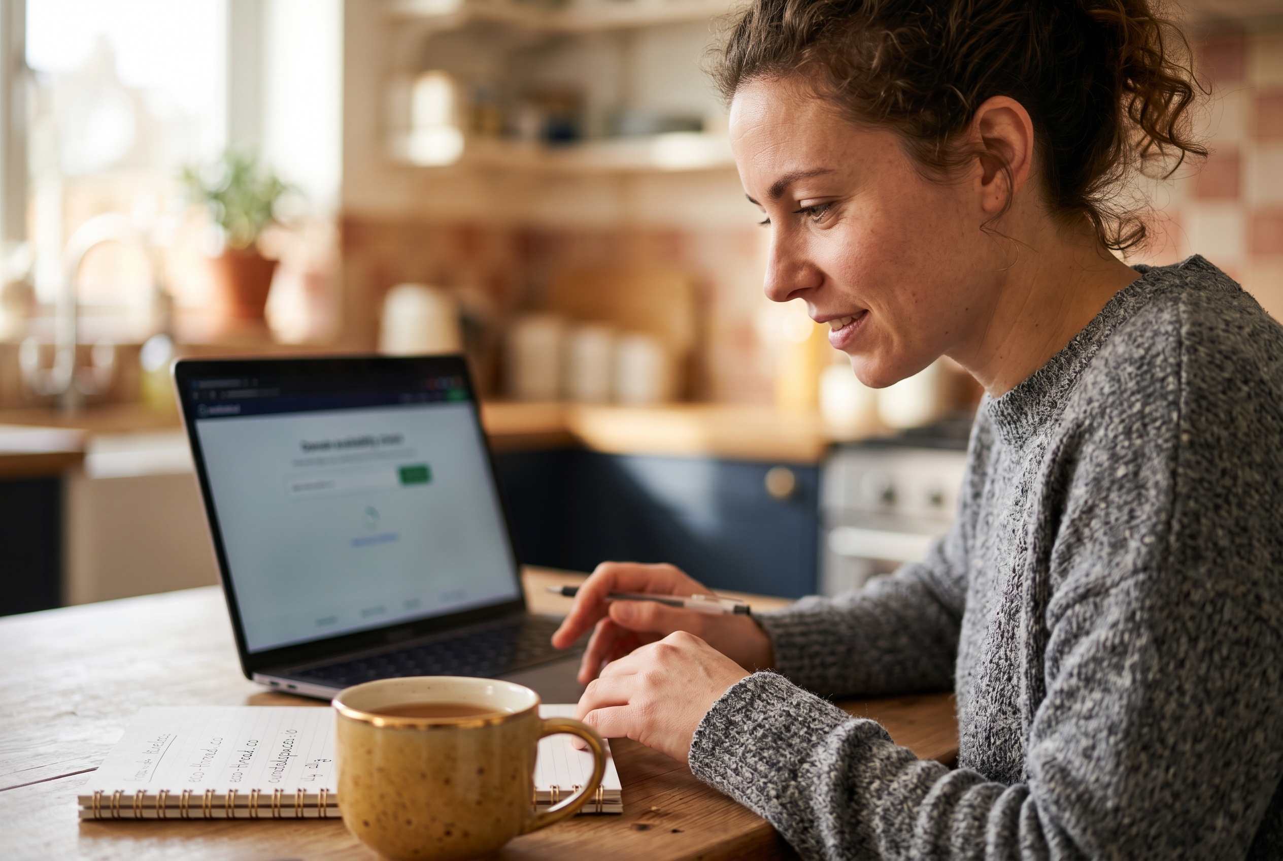 Entrepreneur checking domain availability on a laptop at a kitchen table with a notebook and a cup of tea