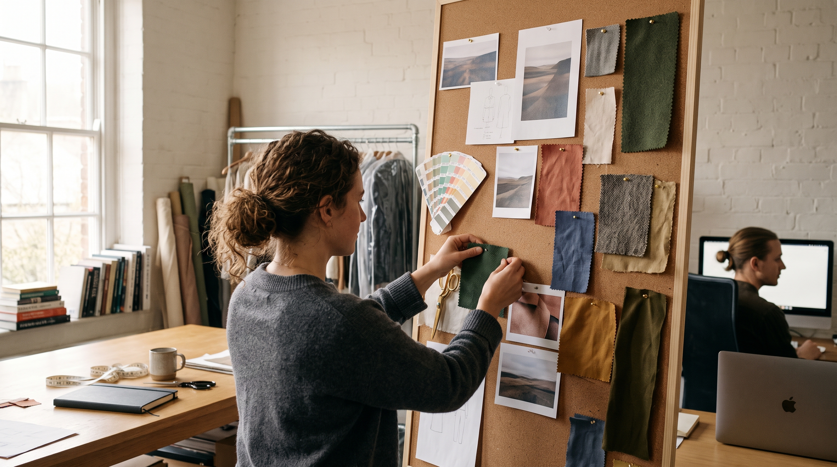 Clothing designer pinning fabric swatches and color samples to a mood board on a studio wall